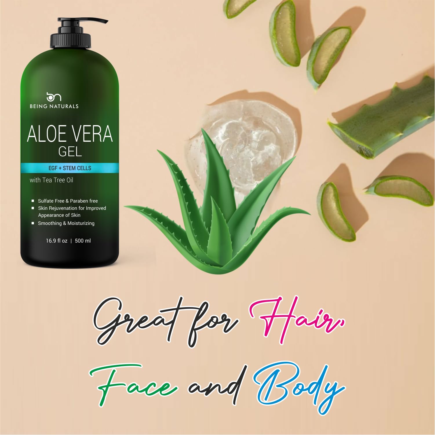 Being Naturals Aloe Gel rosemary-oil detail highlights botanical scent and antioxidant boost.
