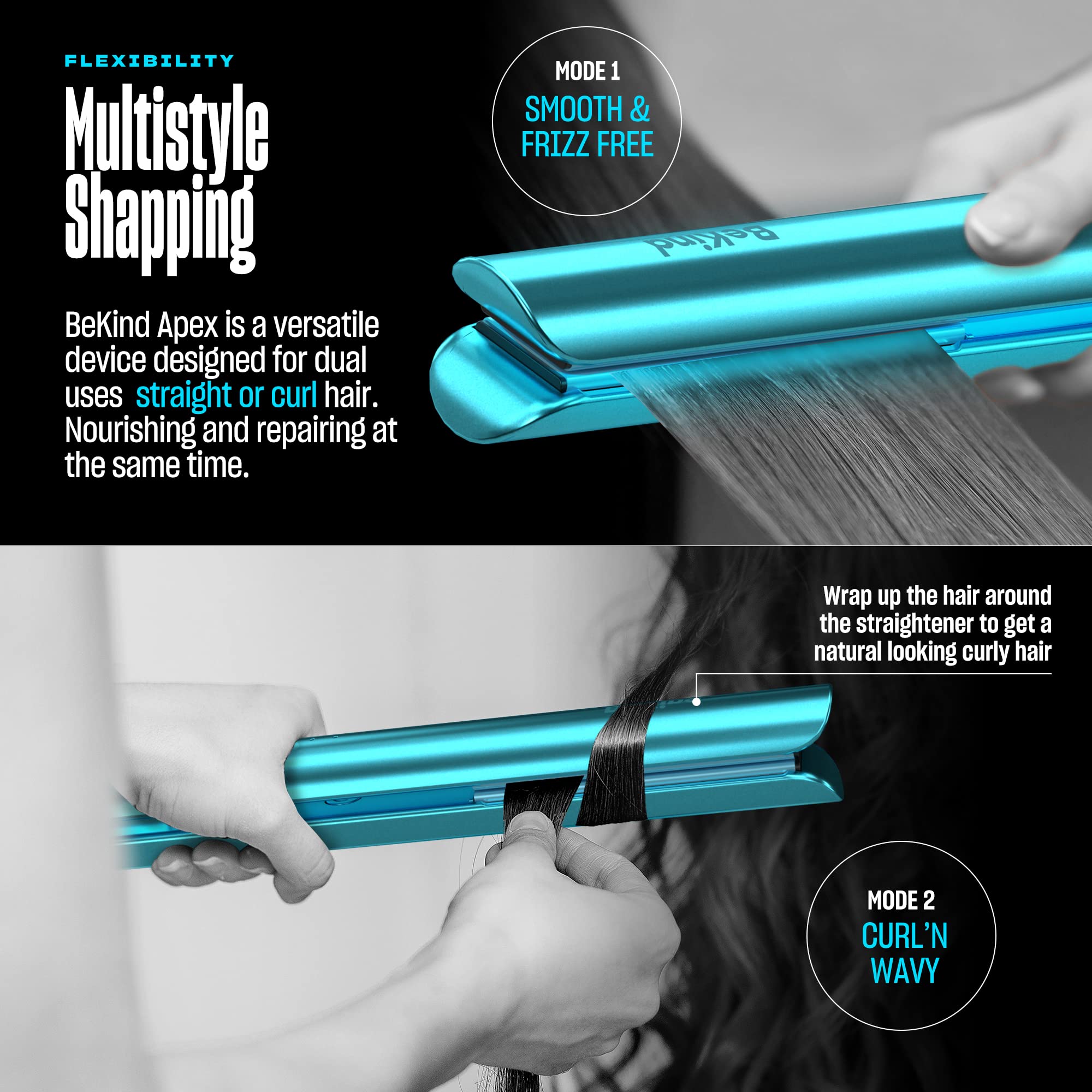 Bekind Apex 2in-1 straightener-curler in use for versatile looks.