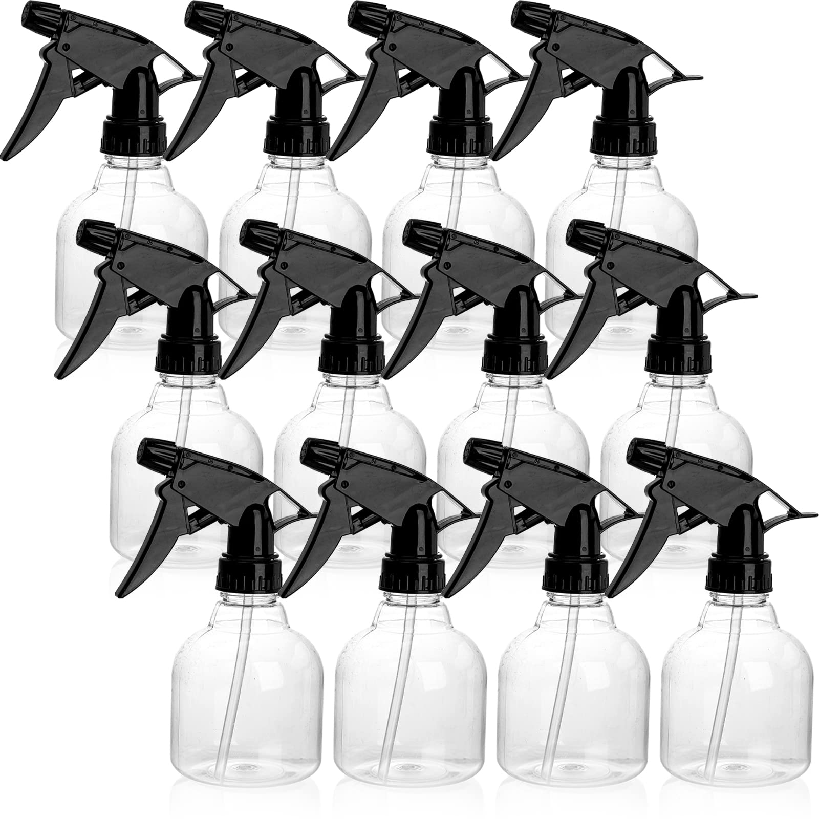 Bekith 12-pack 8oz clear spray bottles organized for household cleaners.