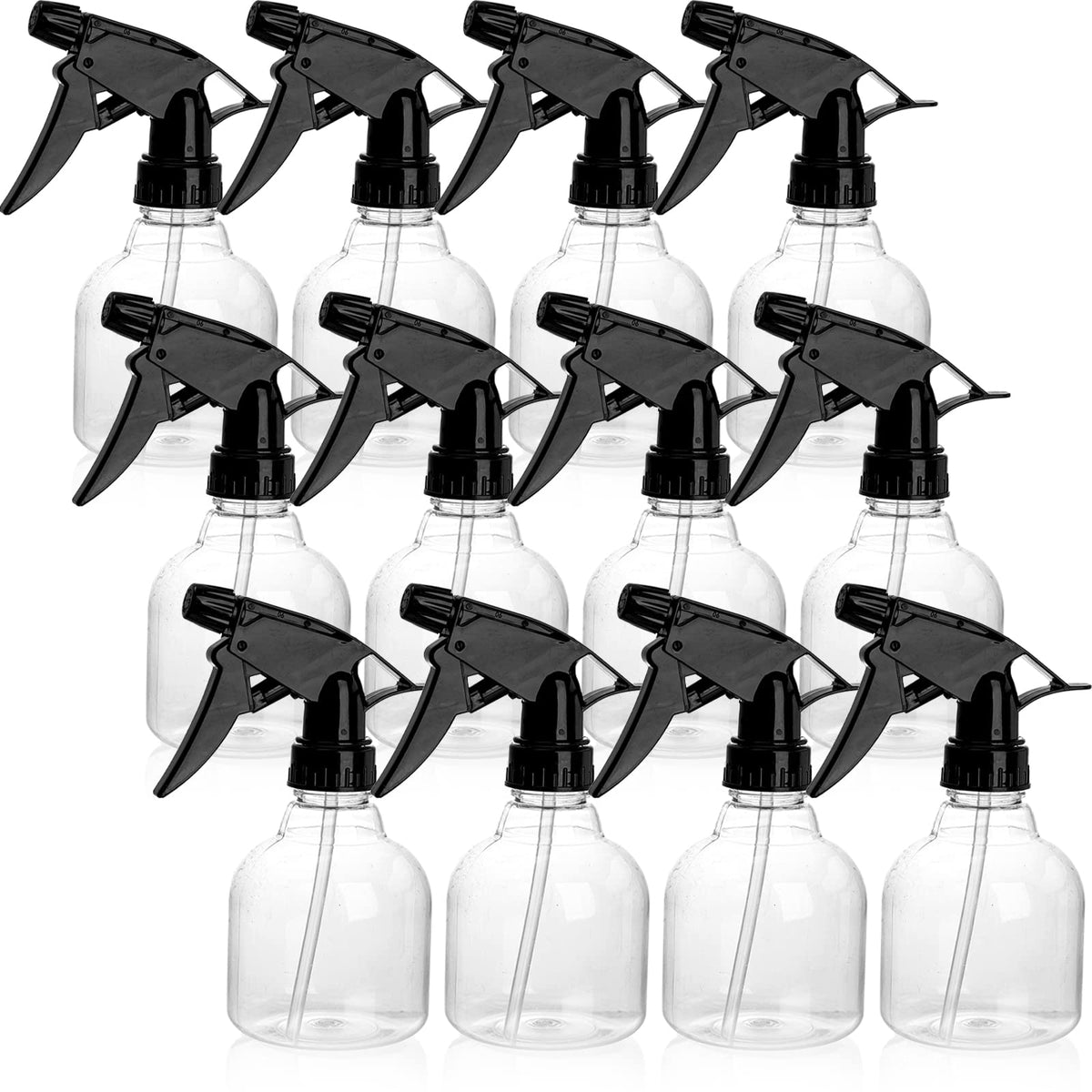 Bekith 12-pack 8oz clear spray bottles organized for household cleaners.