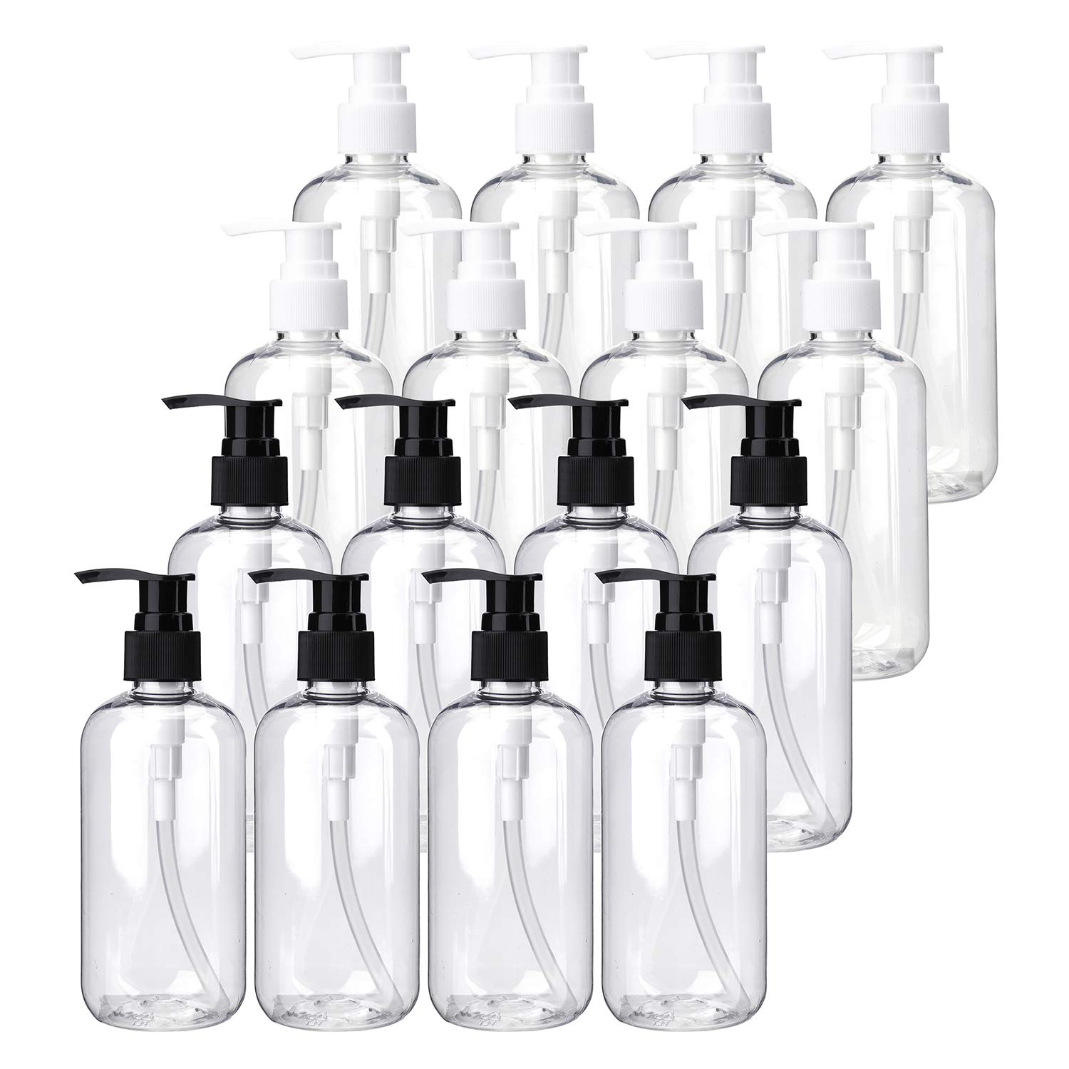 Bekith 16-pack empty lotion bottles with black and white pumps for organized care products.