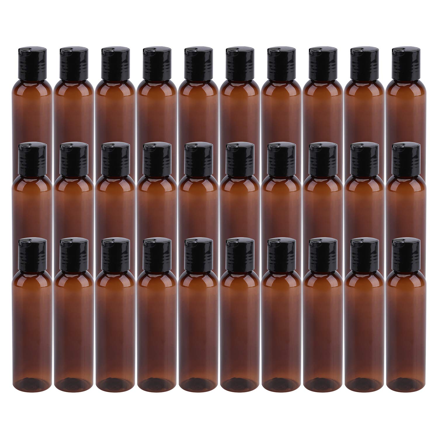 Bekith 4oz brown squeeze bottles with disc-top cap, ideal for travel-sized toiletries.