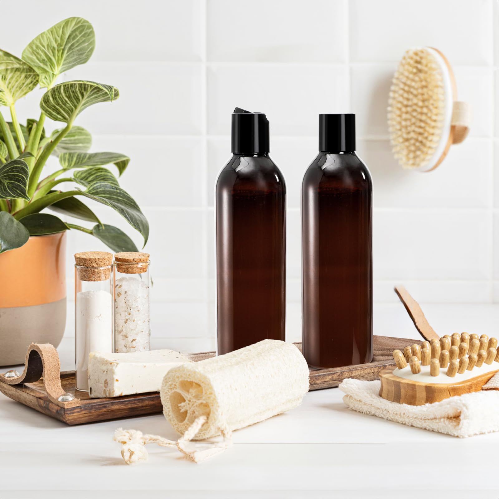 Bekith 16-pack amber bottles ready for travel-friendly storage of lotions.