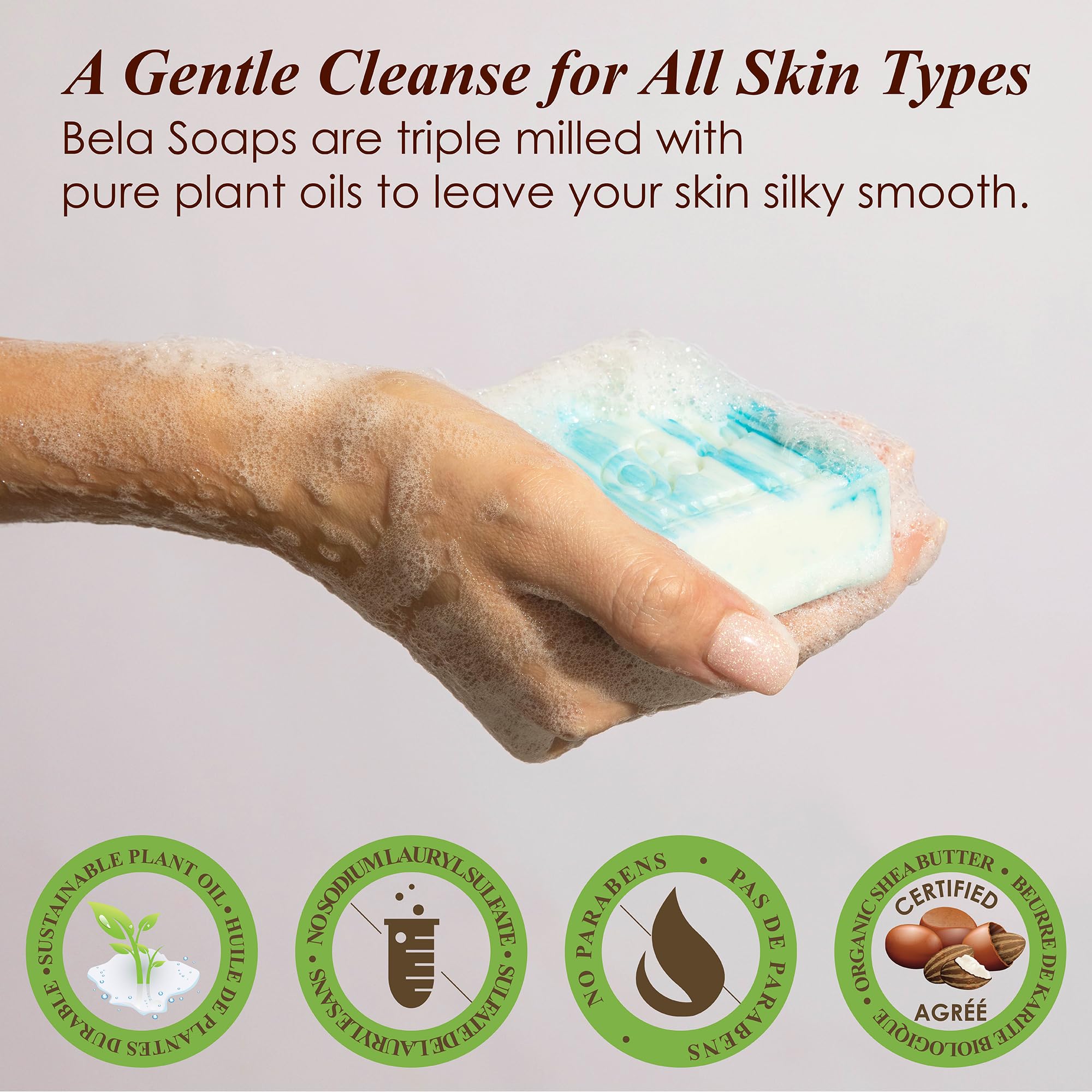 BELA Romantic Gardenia triple milled soap bar with lasting floral fragrance.