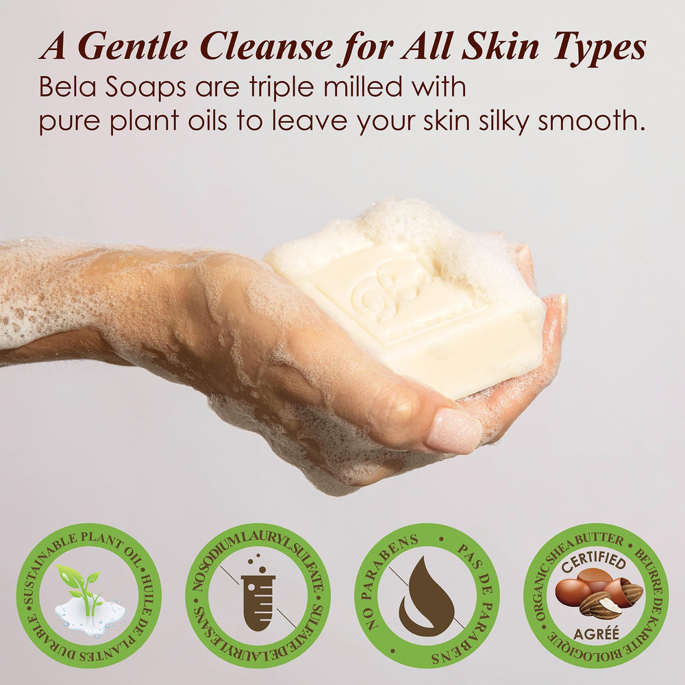 BELA goat milk soap cream swirl highlights organic shea butter for softer skin.