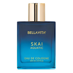 Bella Vita Luxury SKAI Aquatic bottle on a clean vanity showing all-day freshness