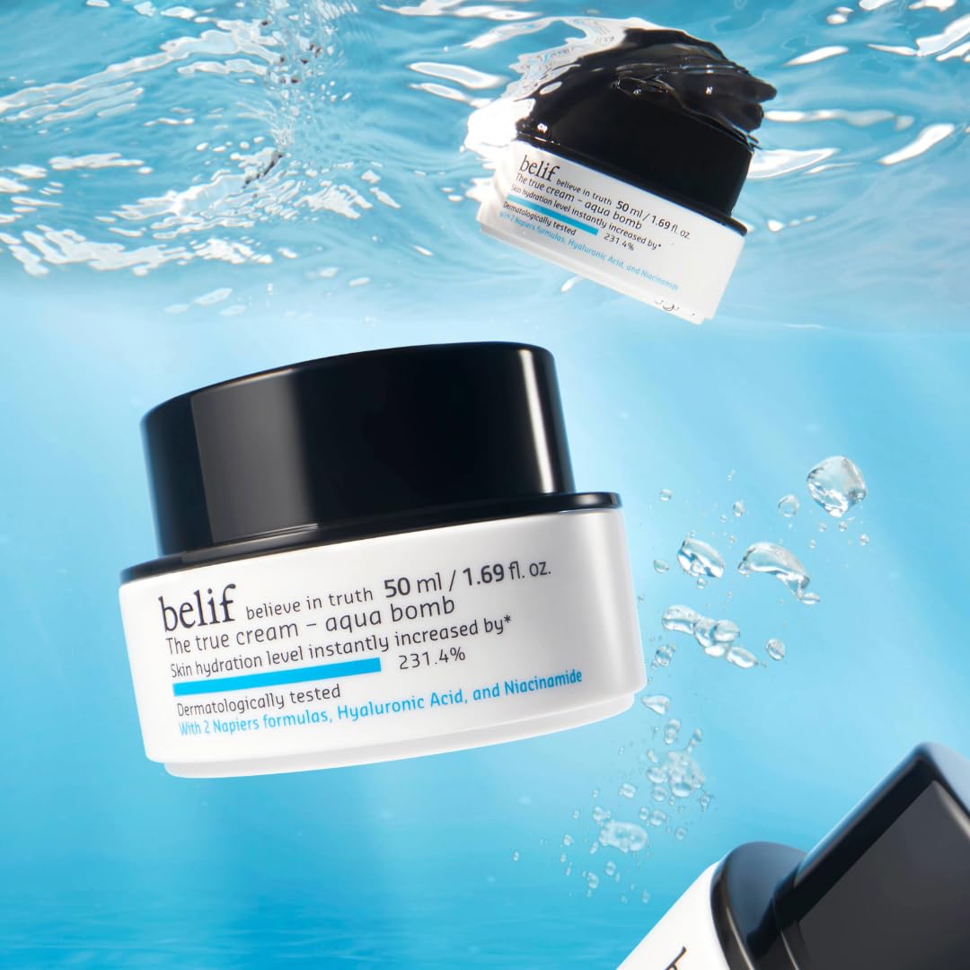 belif Aqua Bomb 10-second hydration close-up illustrates rapid skin plumping.