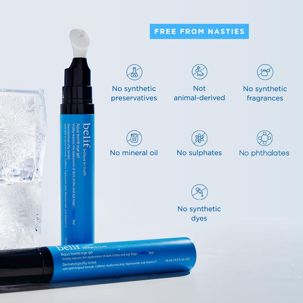 Belif Aqua Bomb Cooling Eye Gel shown with ceramic tip for precise application