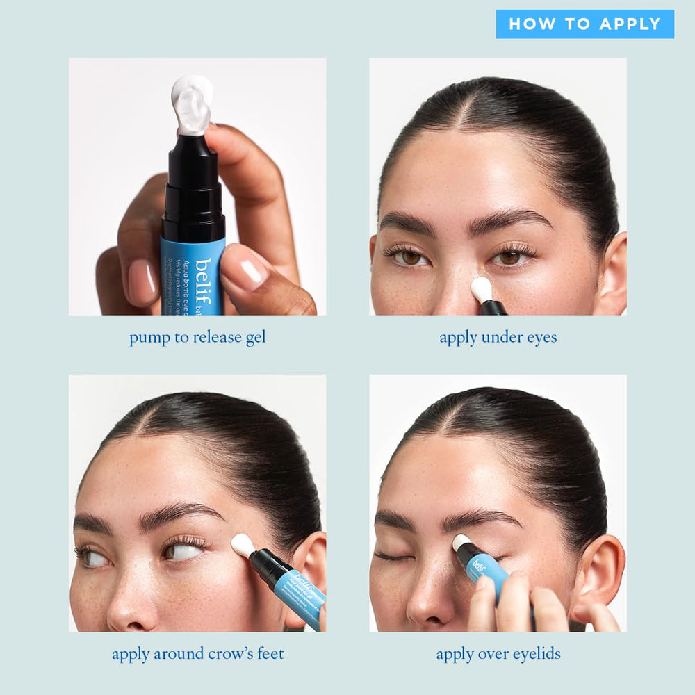 Belif Aqua Bomb Cooling Eye Gel brightens the eye area to help look awake.