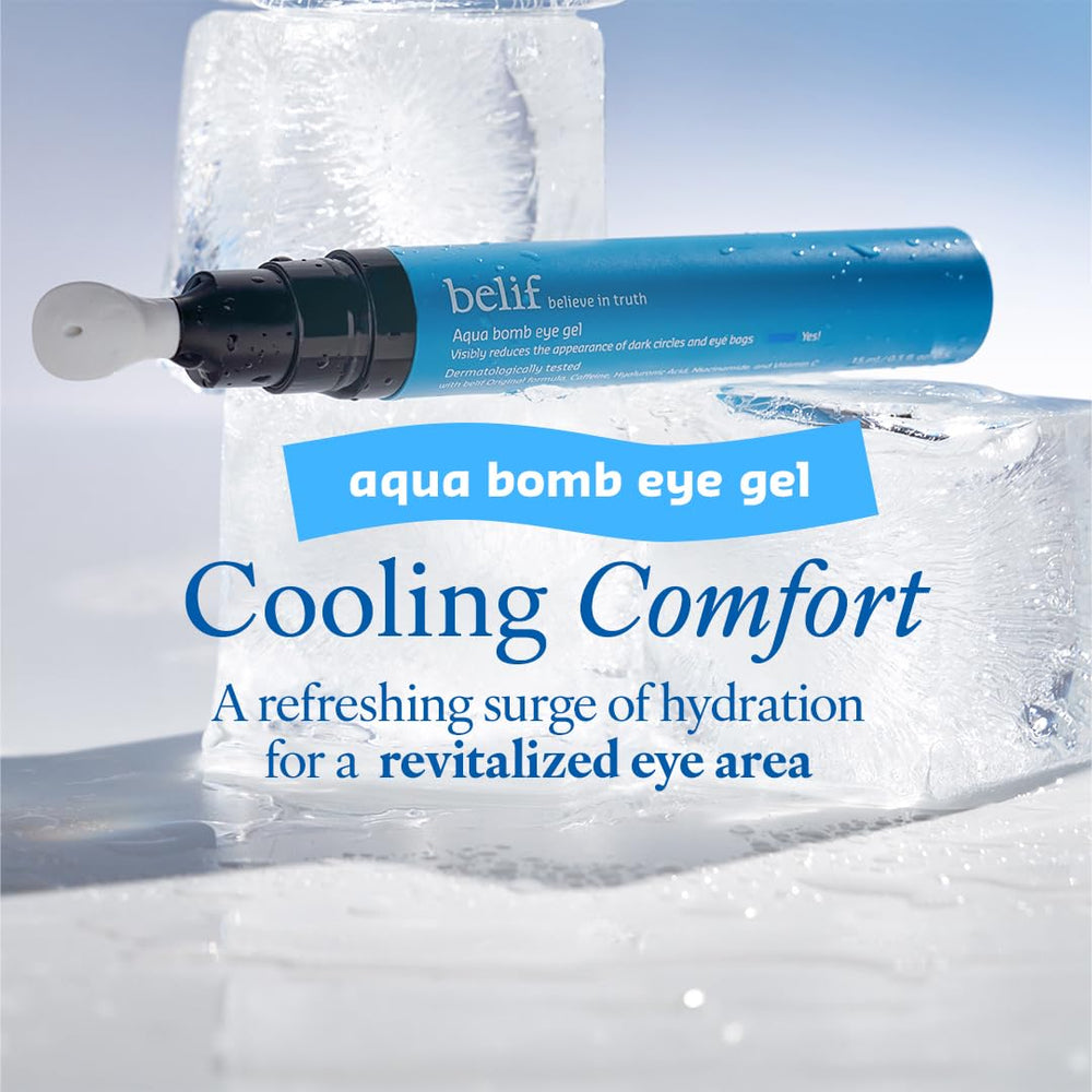 Belif Aqua Bomb Cooling Eye Gel targets puffiness for a refreshed look around eyes.