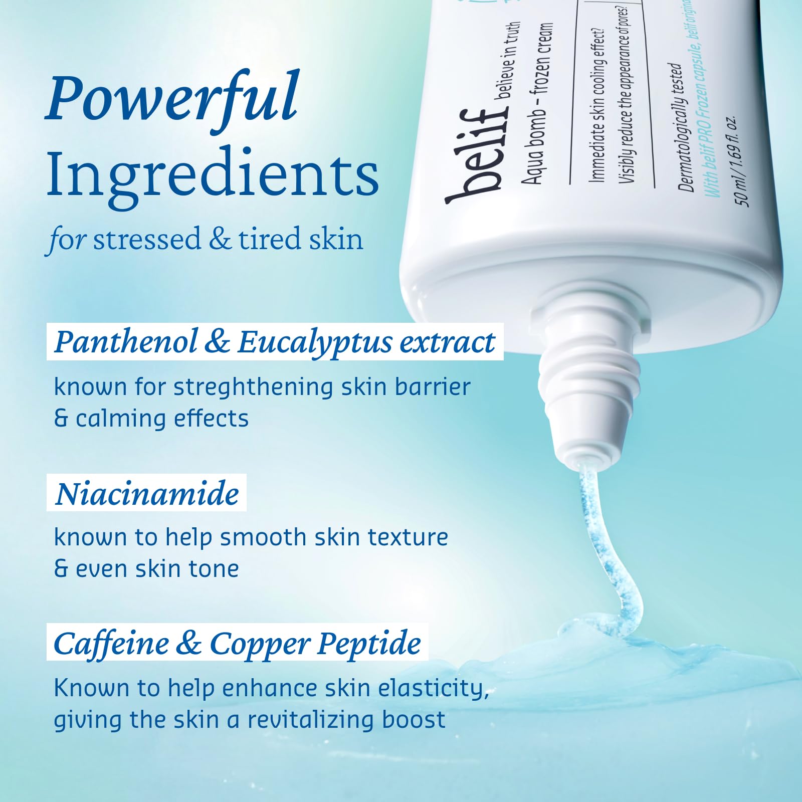 belif Aqua Bomb dermatology-label closeup signals skin-friendly, non-comedogenic formula