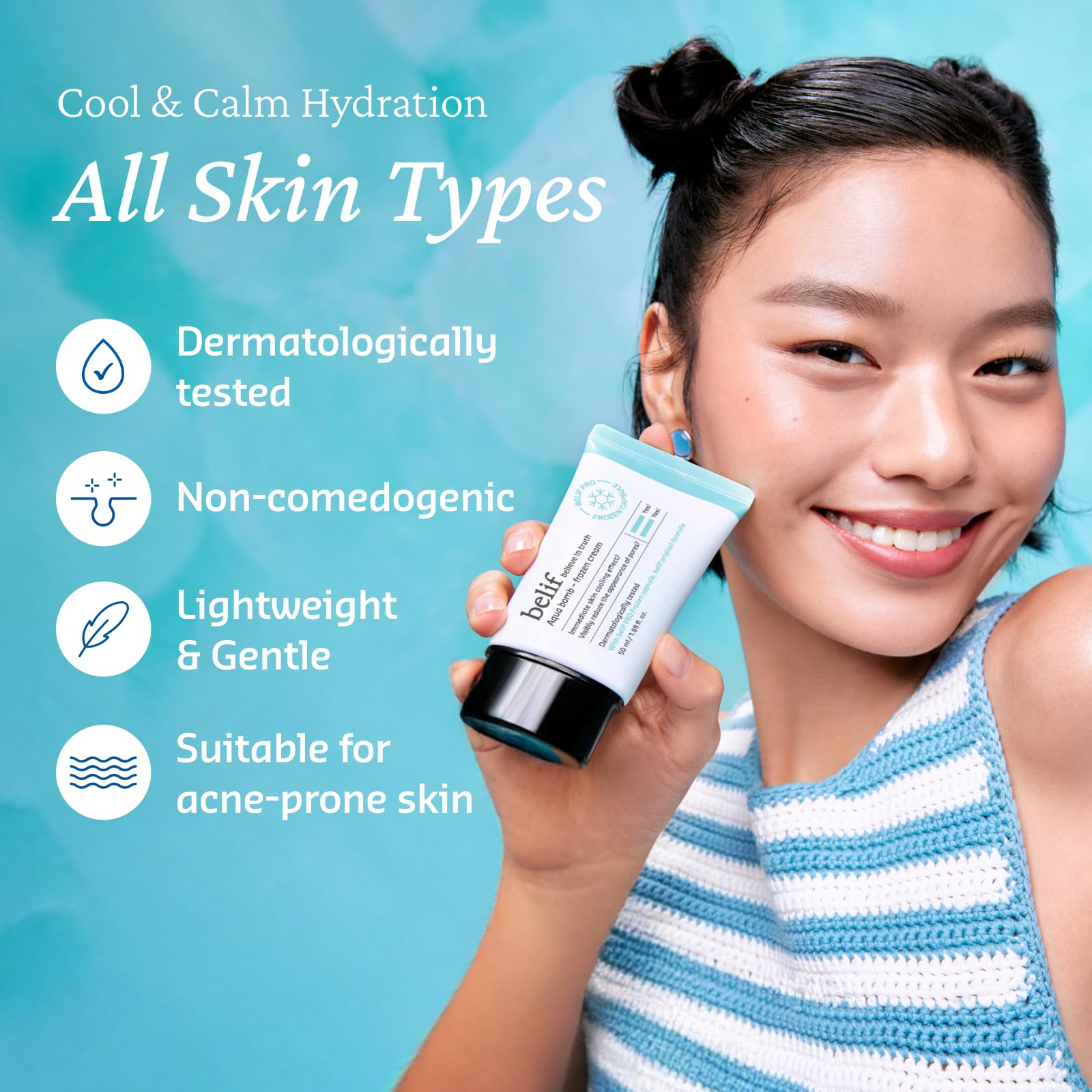 belif Aqua Bomb packaging label emphasizes dermatologist-tested and non-comedogenic claims
