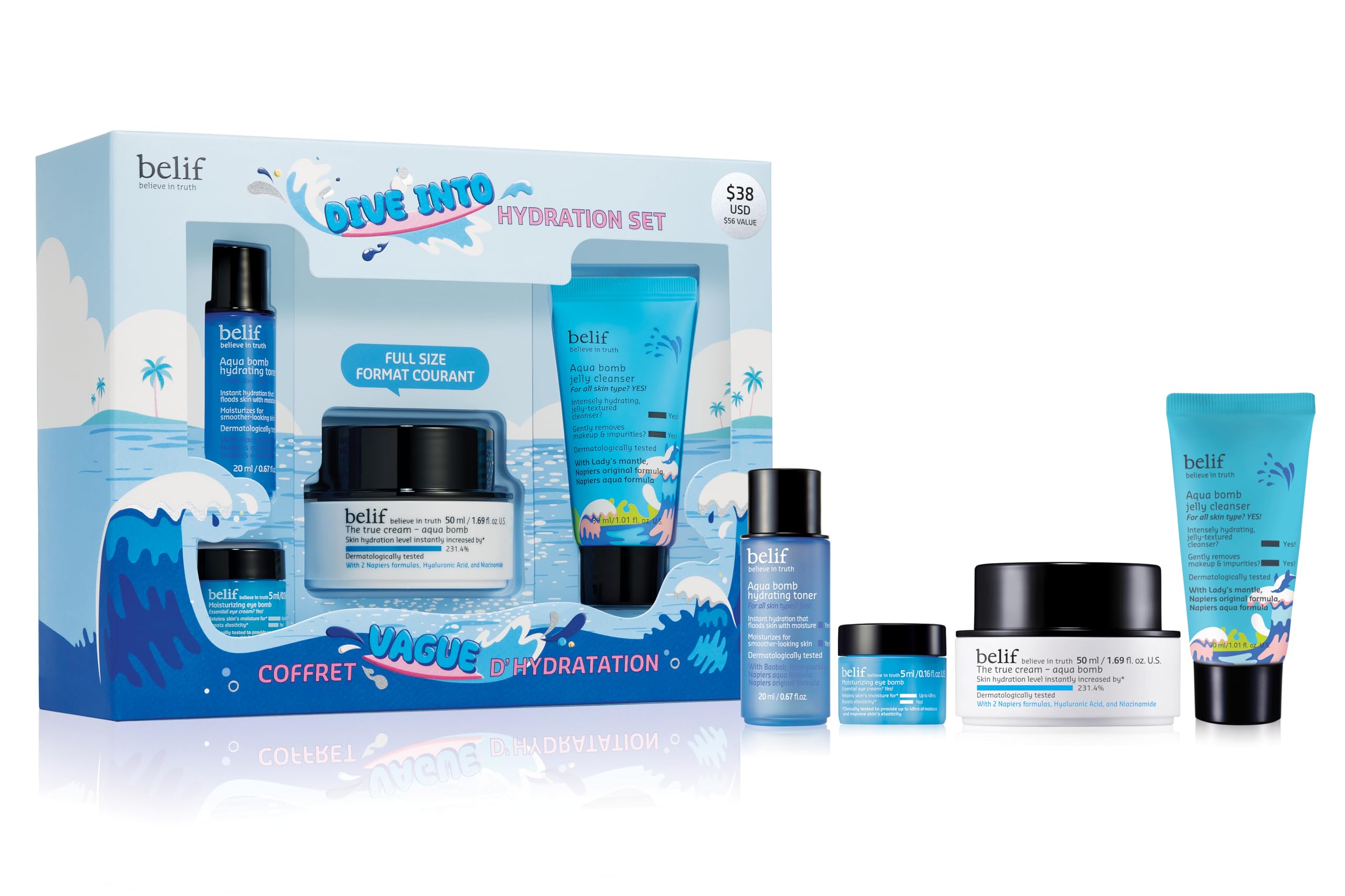 belif Aqua Bomb set packaging shows full hydration-focused skincare routine