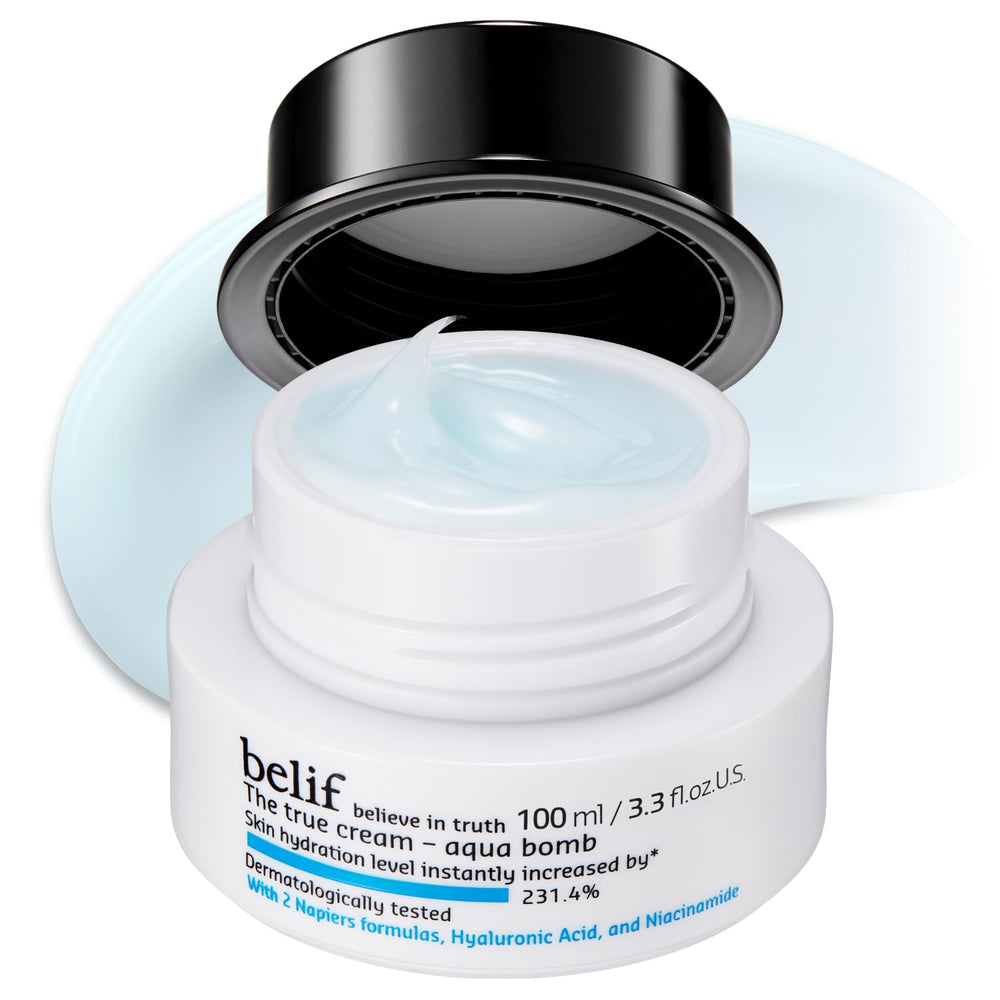 belif Aqua Bomb jar closeup highlighting gel texture for deep hydration