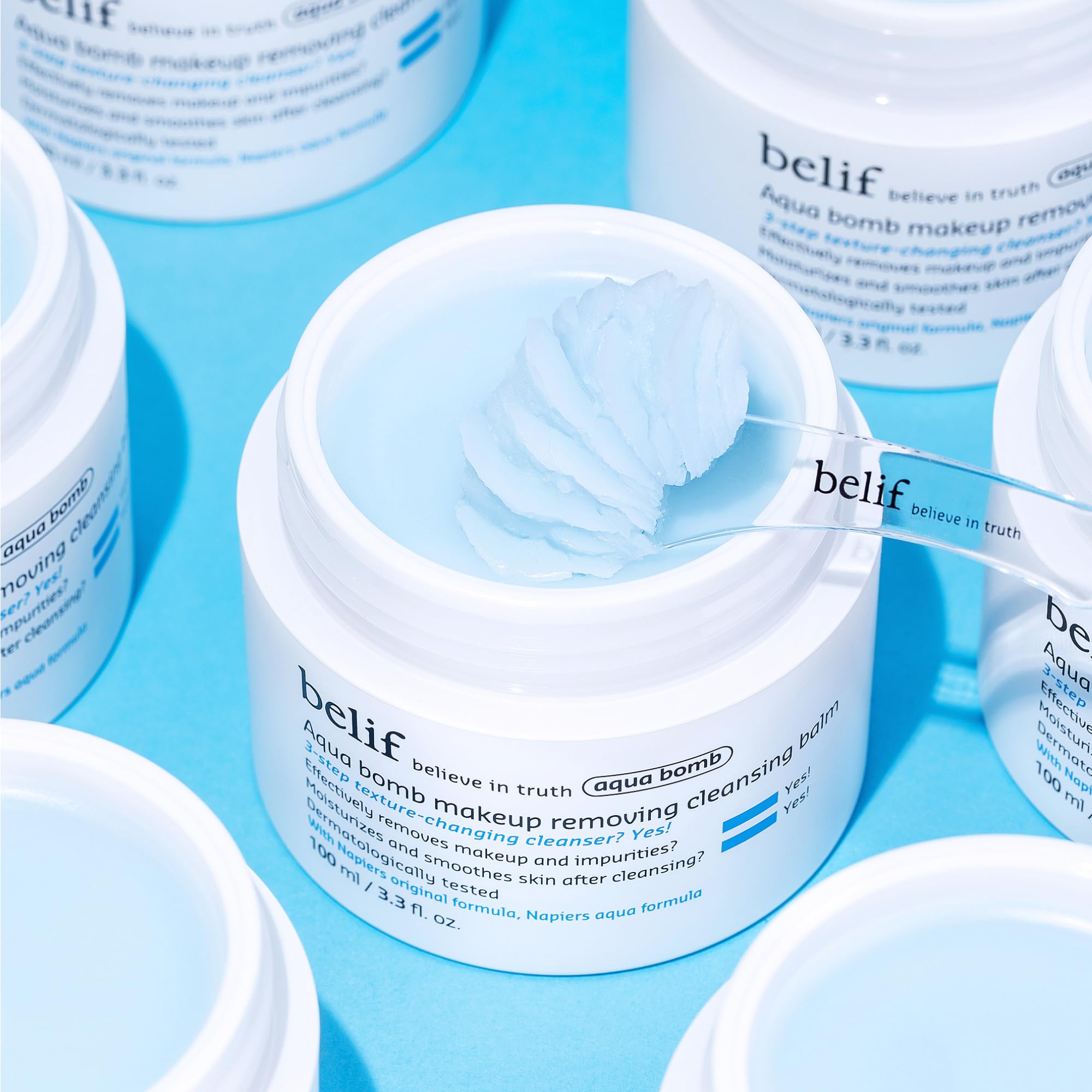 belif Aqua Bomb SPF makeup removal action suggests one-step cleansing with SPF