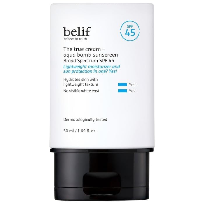 belif Aqua Bomb SPF45 bottle shows compact daily sun care