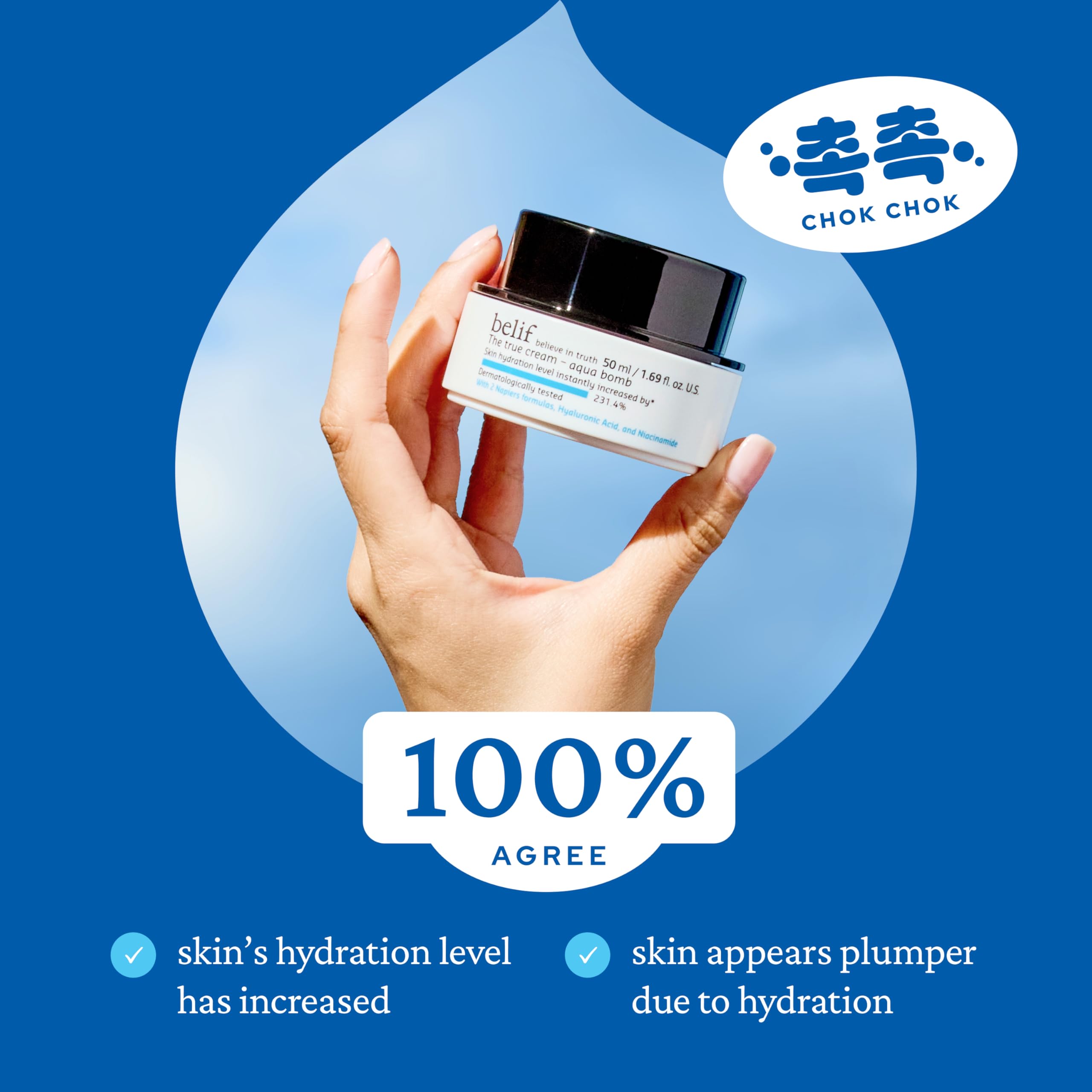 belif Aqua Bomb spread on skin illustrating rapid hydration concept