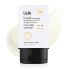 belif Dew Guard packaging front signals mineral sunscreen for daily protection.