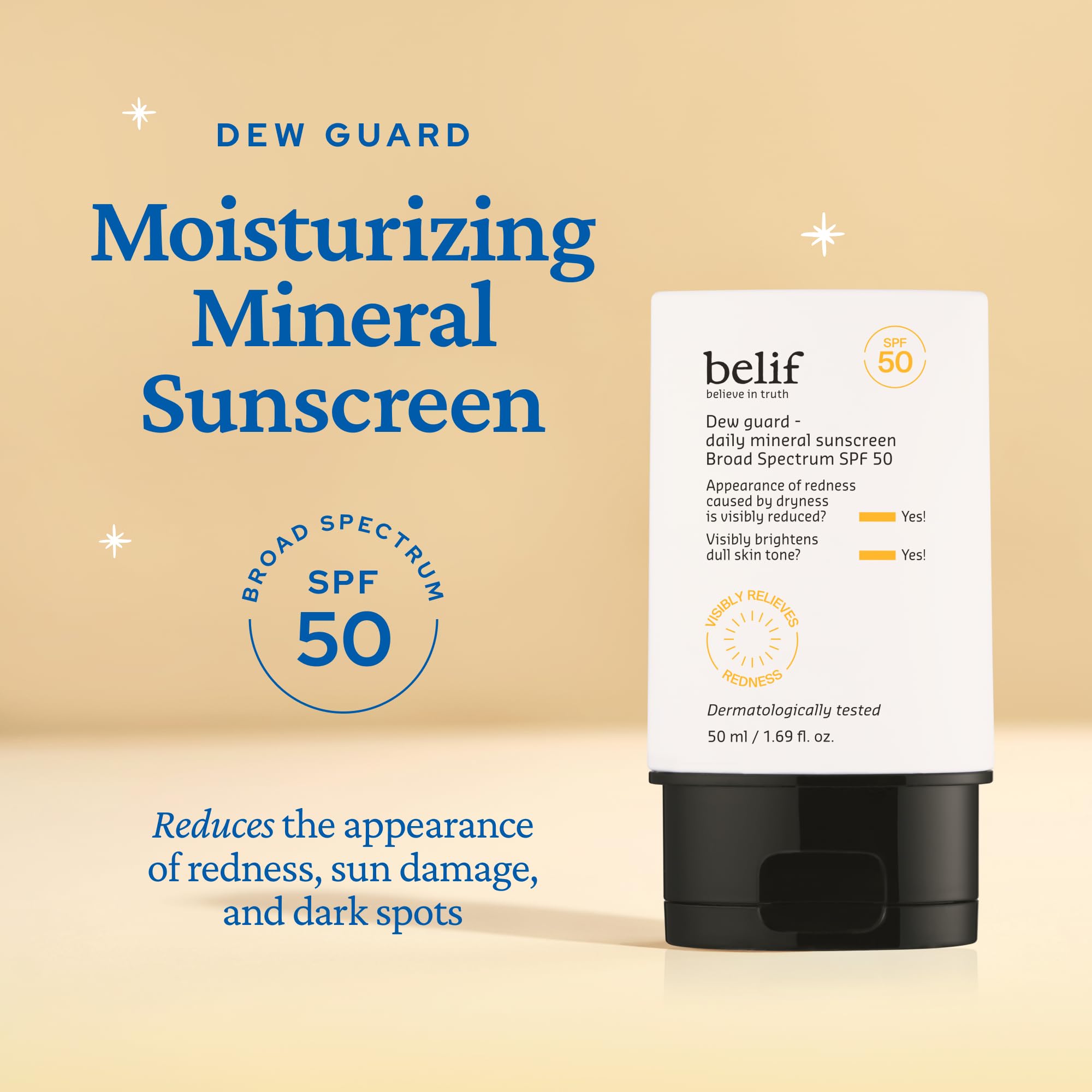 belif Dew Guard SPF50 label highlights broad spectrum sun protection.