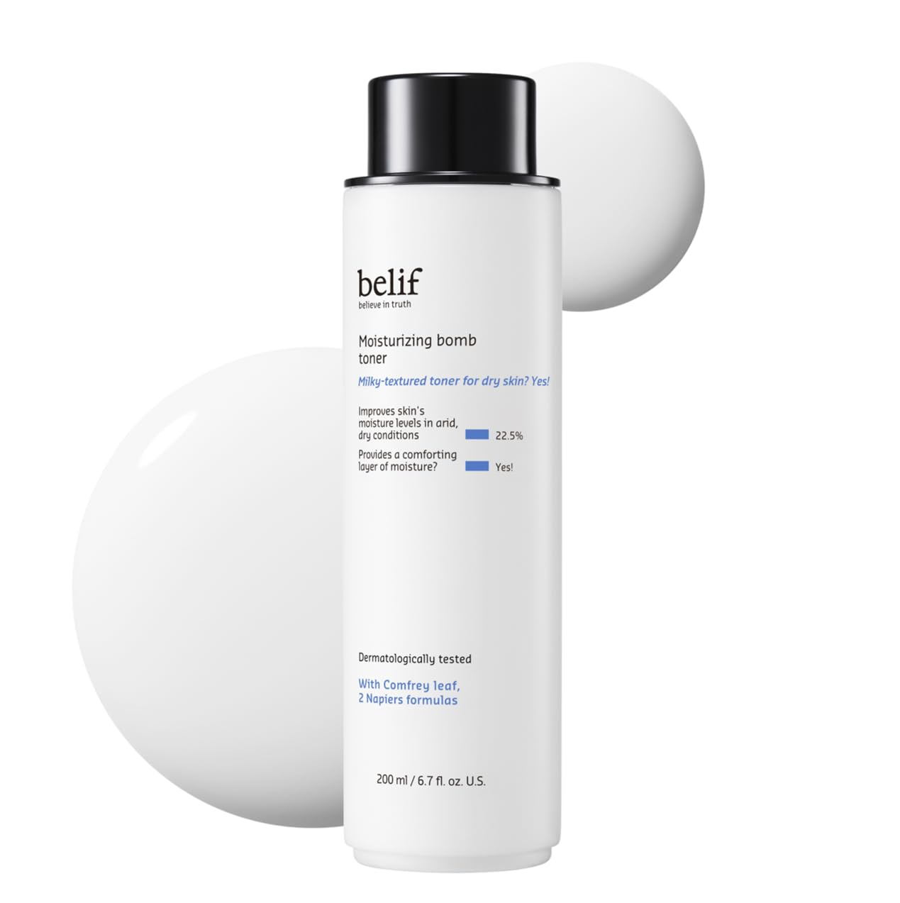 belif Moisturizing Bomb Toner bottle closeup shows milky hydration for dewy skin