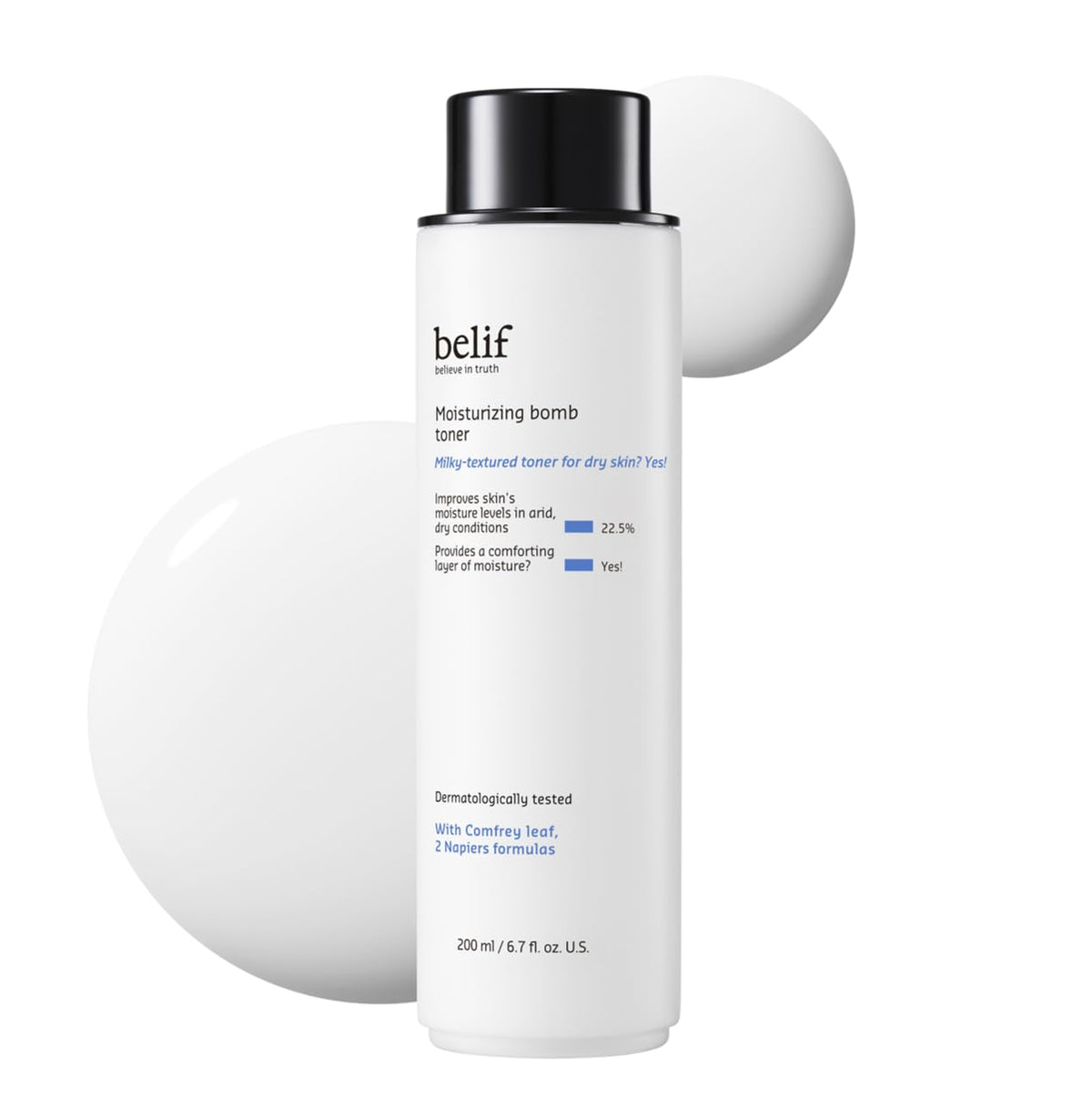 belif Moisturizing Bomb Toner bottle closeup shows milky hydration for dewy skin