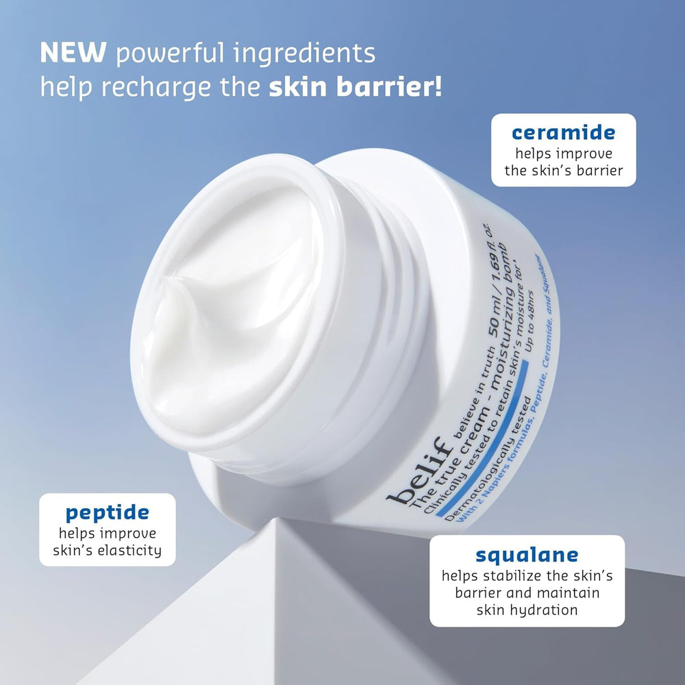 belif Moisturizing Bomb Toner deluxe size offers creamy, milky hydration with no stickiness.