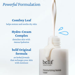 belif Moisturizing Bomb Toner ingredients list highlights comfrey leaf and ceramide