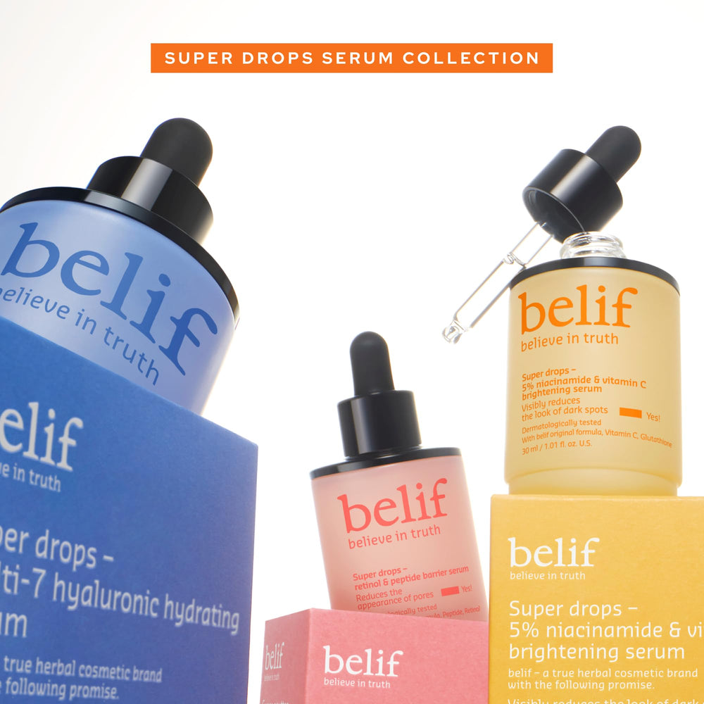 belif Niacinamide 5% & Vitamin C Super Drops radiance image suggests brighter, more even skin.
