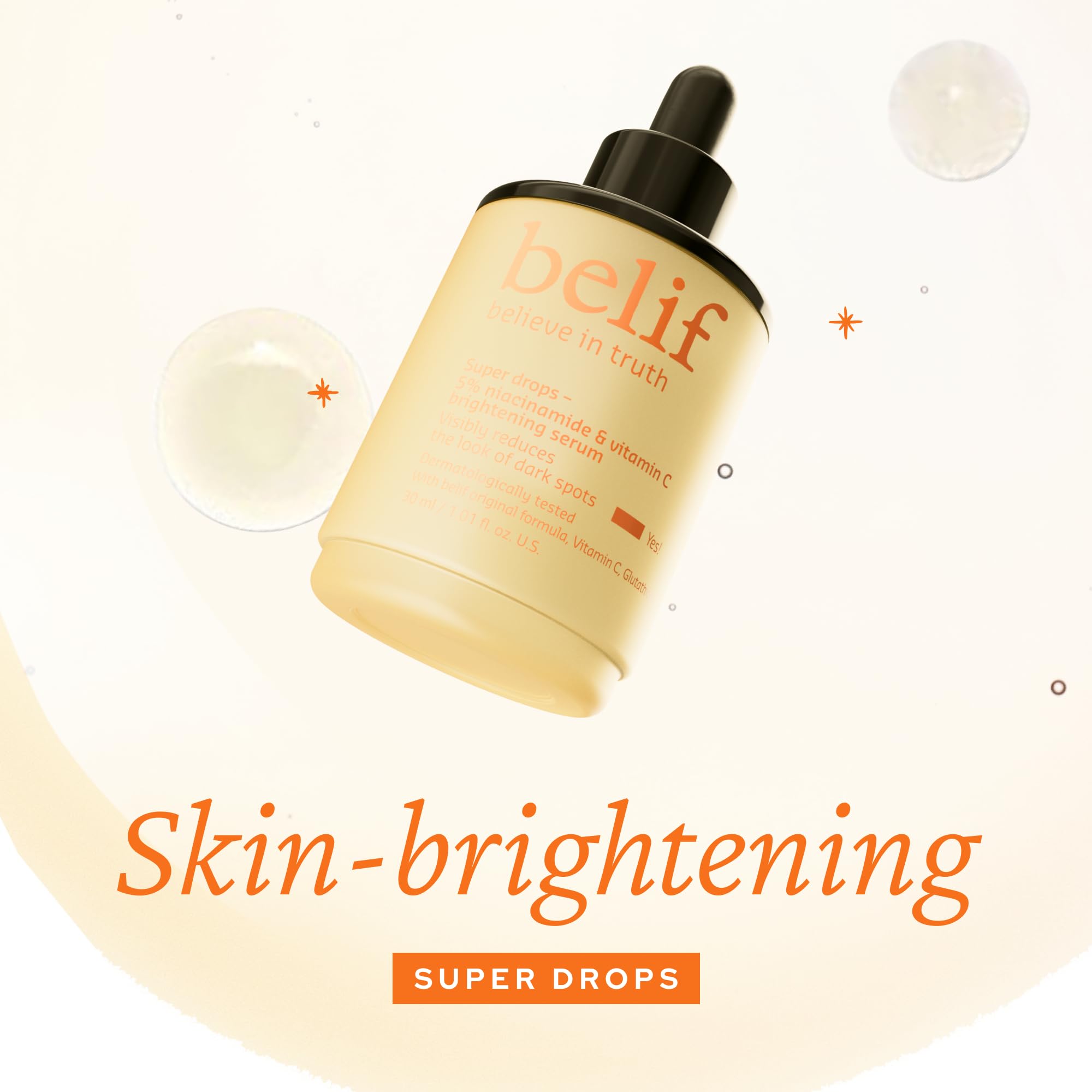 belif Niacinamide 5% & Vitamin C Super Drops dropper highlights quick absorption for smoother skin.
