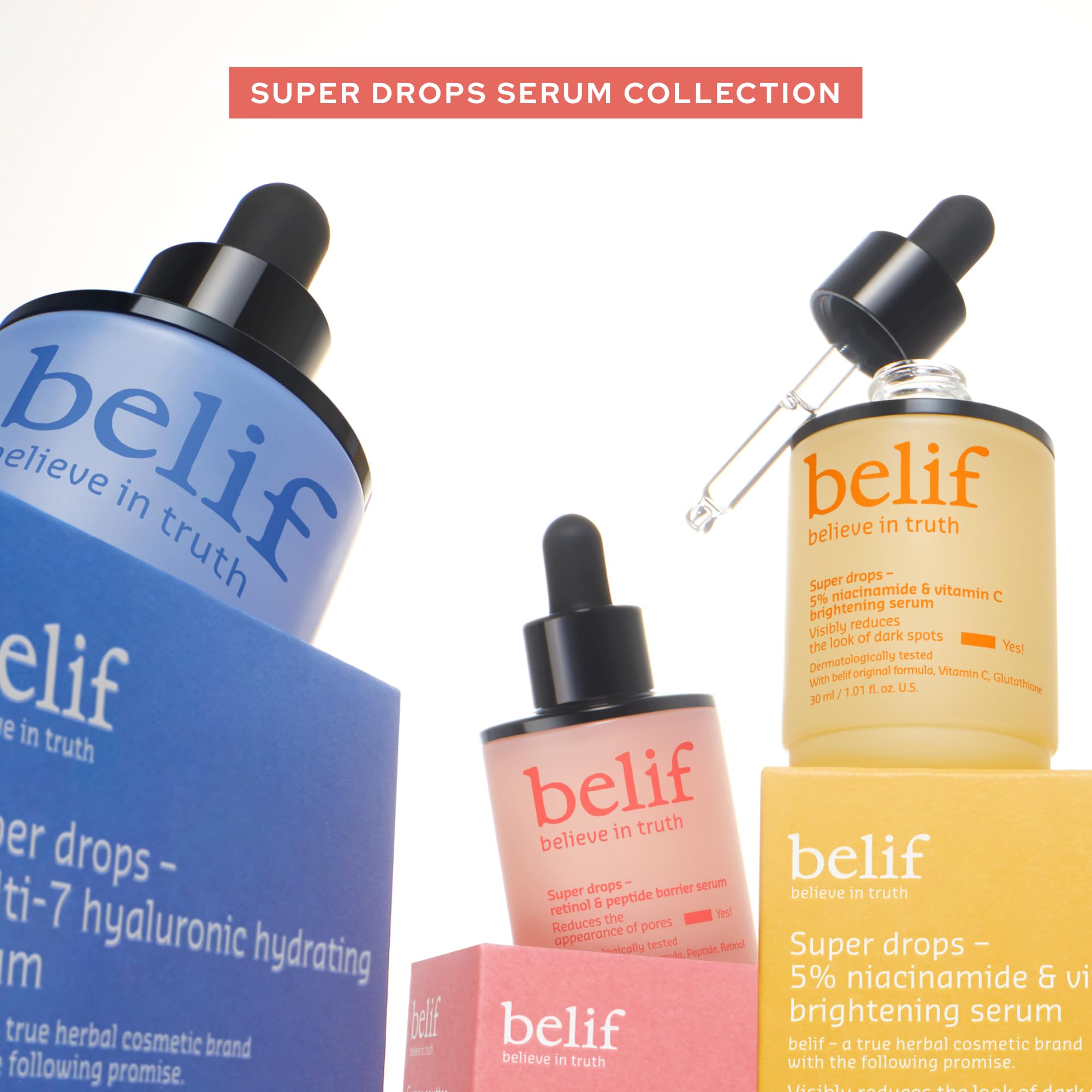 belif retinol-peptide-super-drops-serum-packaging-label: premium skincare ritual vibe