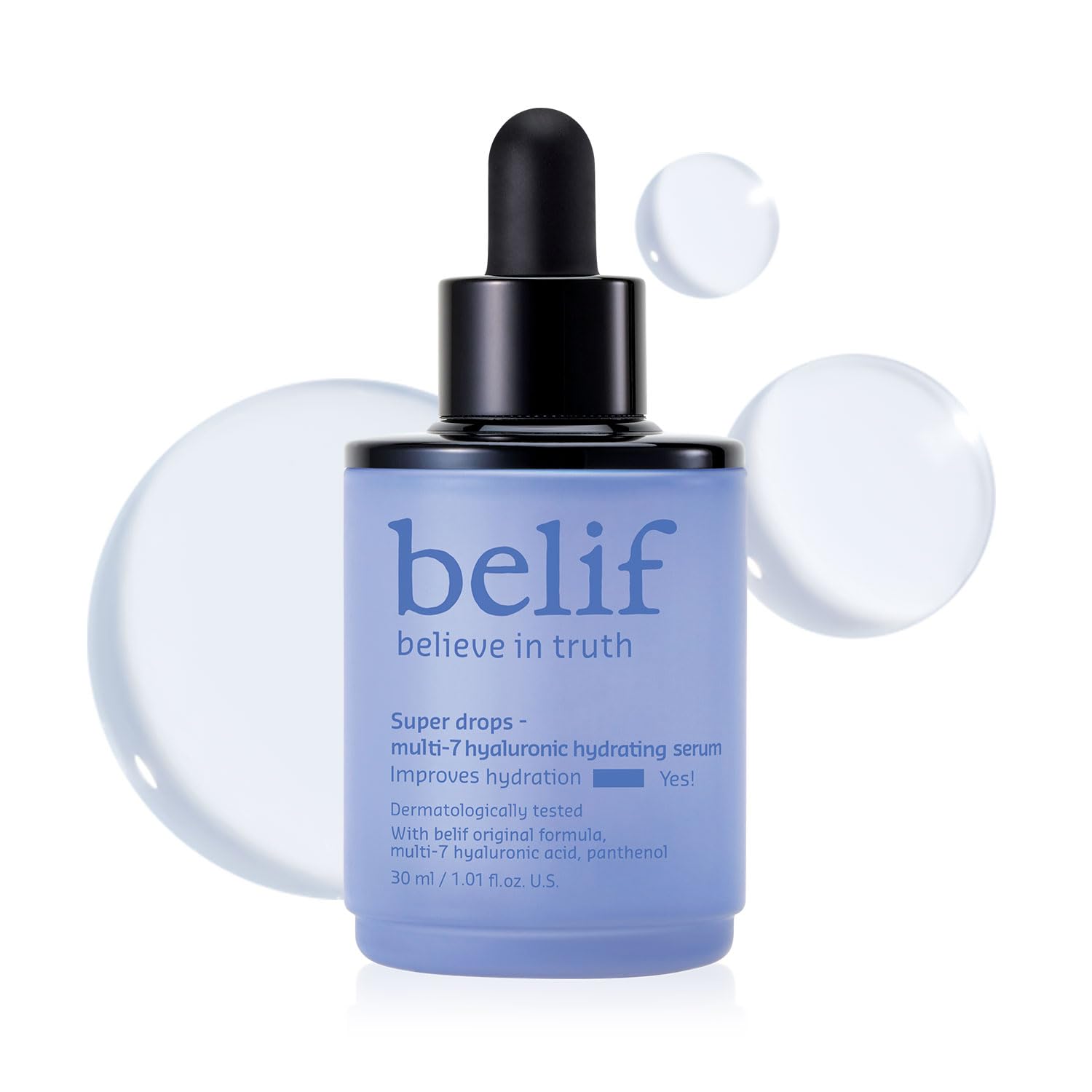 belif Super Drops Multi-7 Serum bottle showing seven-hyaluronic-acid hydration for lasting moisture