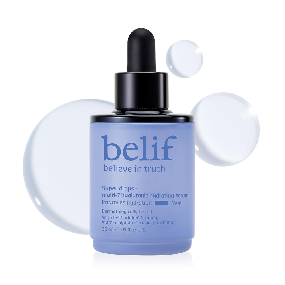 belif Super Drops Multi-7 Serum bottle showing seven-hyaluronic-acid hydration for lasting moisture