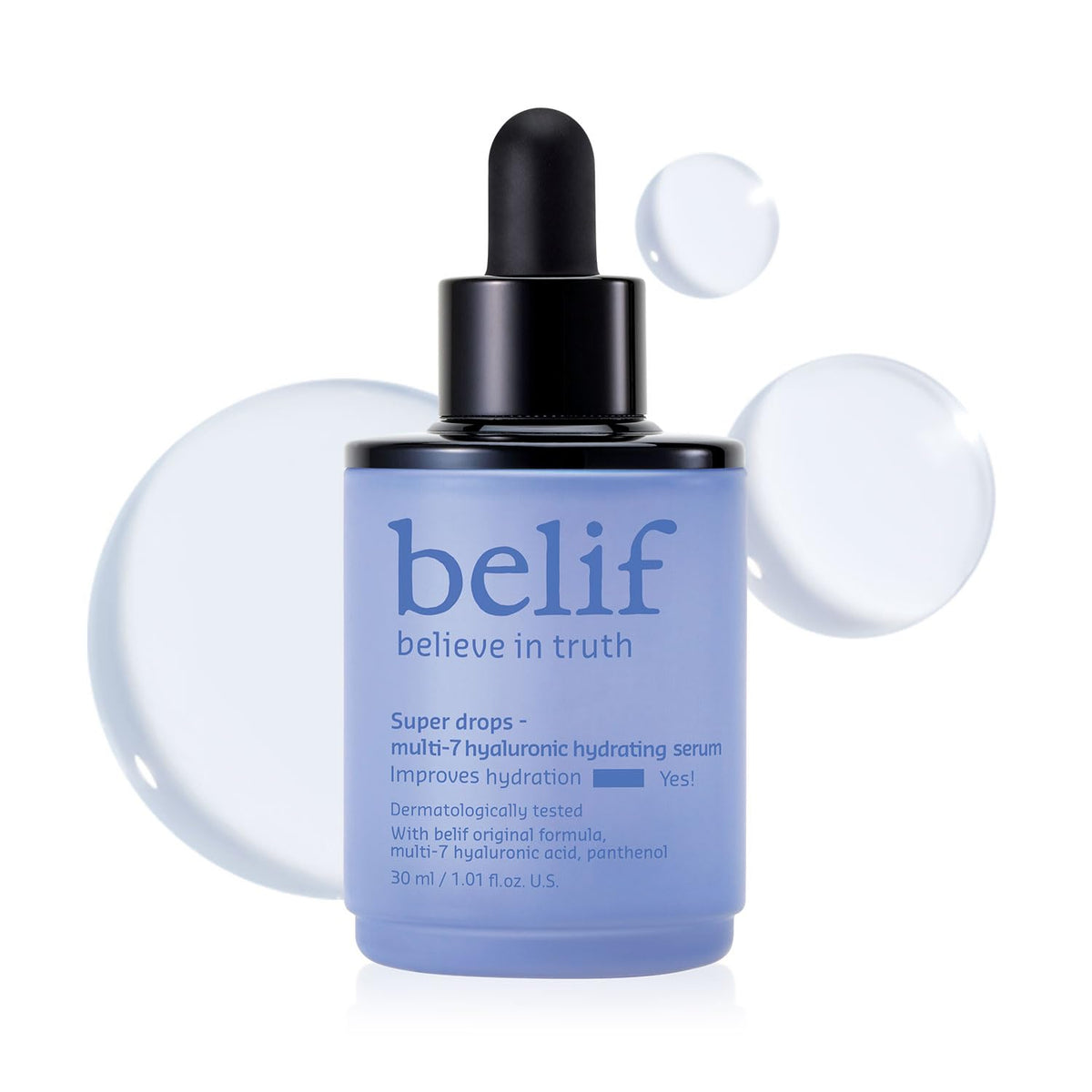 belif Super Drops Multi-7 Serum bottle showing seven-hyaluronic-acid hydration for lasting moisture