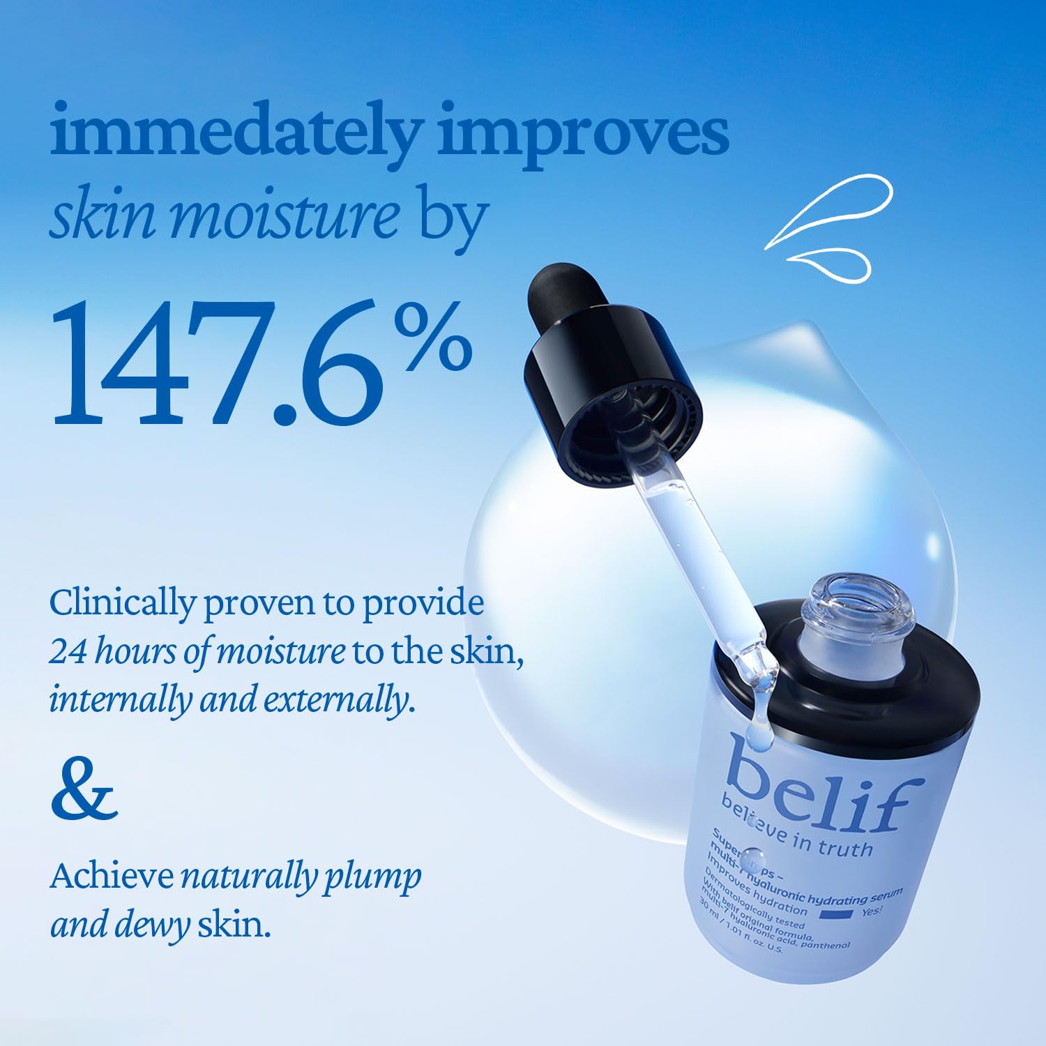 belif Super Drops serum on skin under bright light highlighting glow