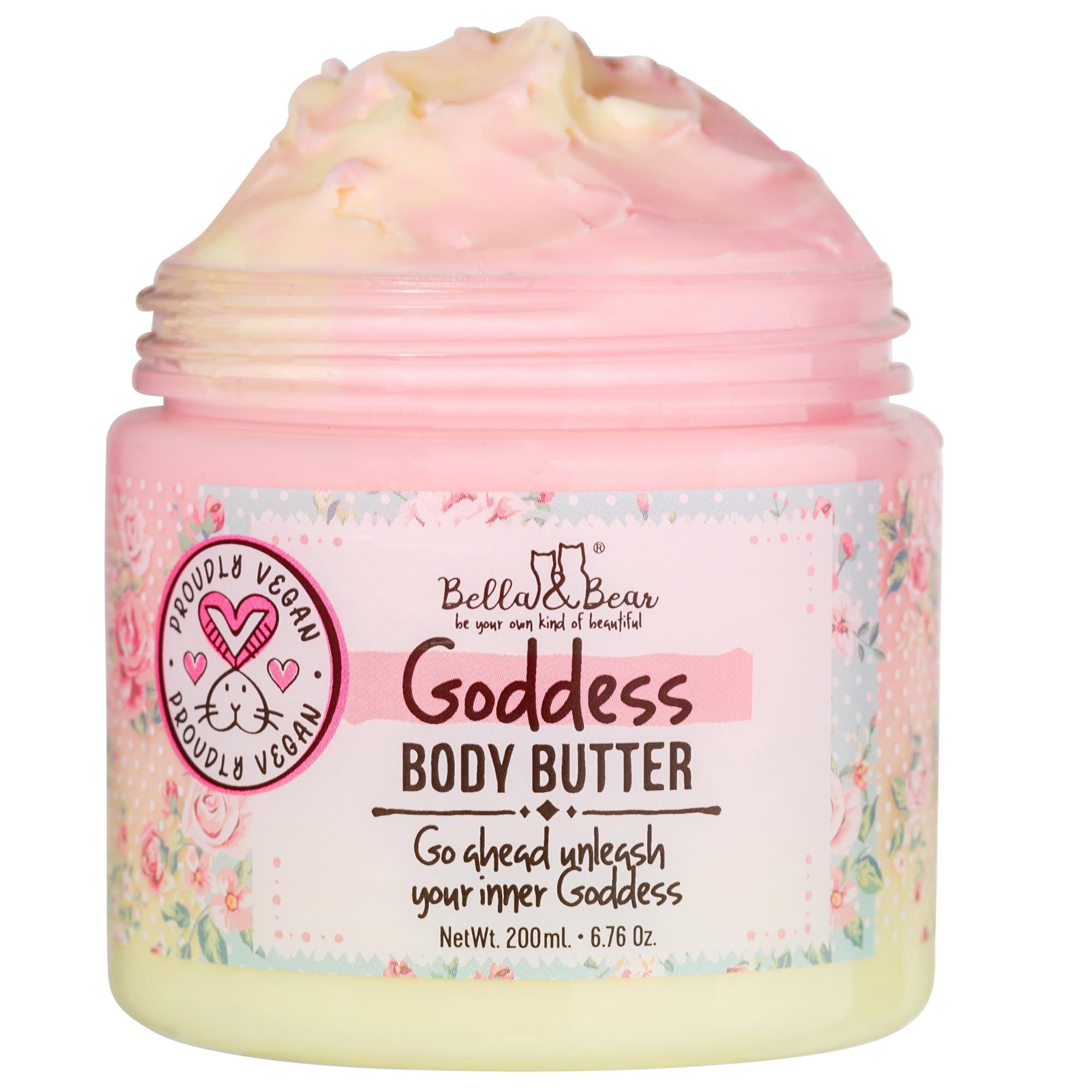 Bella & Bear Goddess Body Butter jar label shows vegan, cruelty-free skincare for dry skin.
