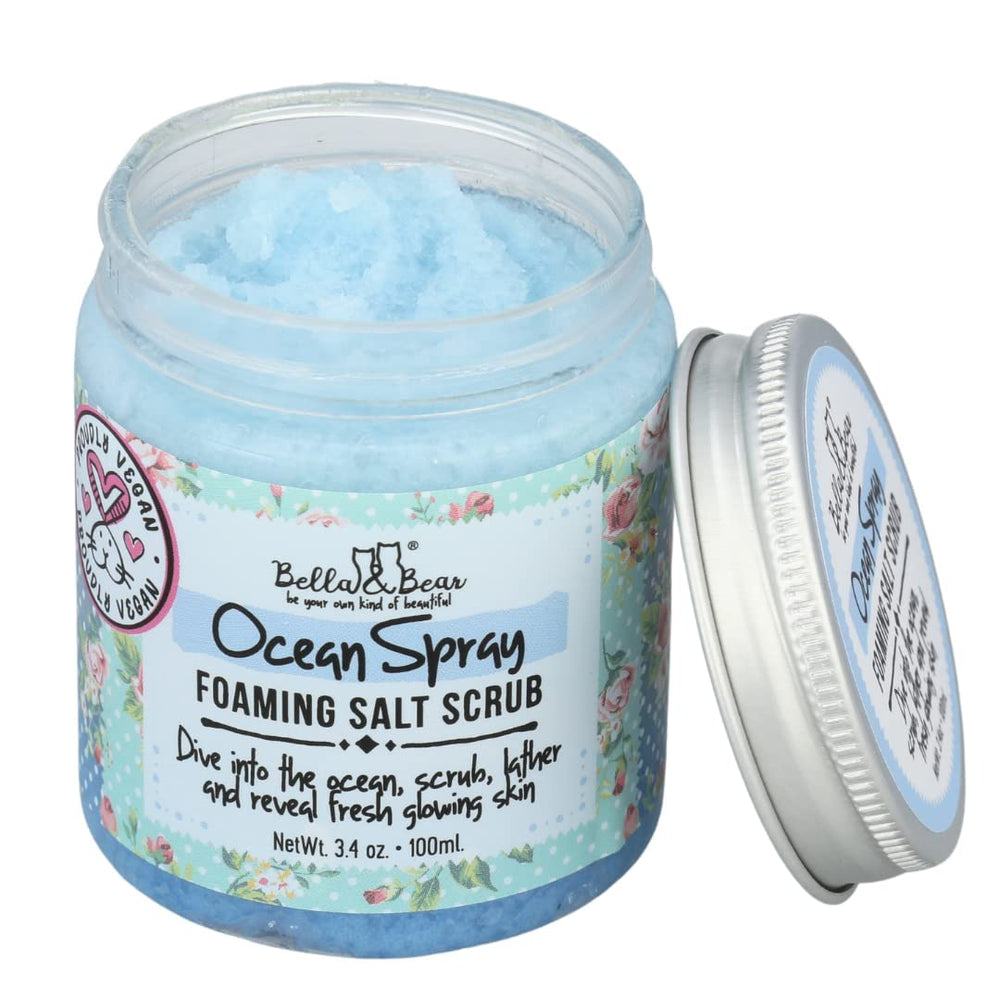 Eco-friendly packaging of Bella & Bear Ocean Spray Body Scrub jar