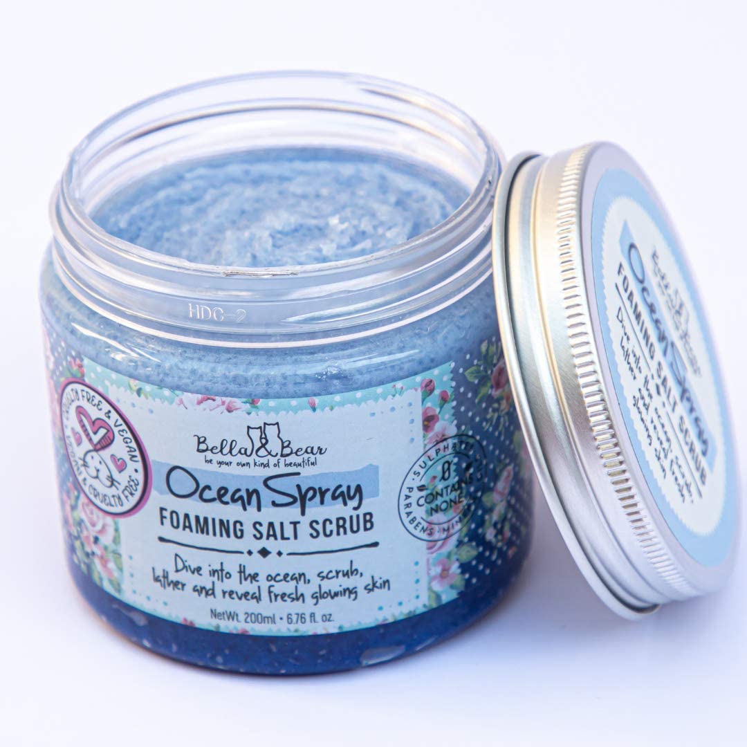 Bella and Bear Ocean Spray Scrub bathroom scene highlights fresh ocean scent
