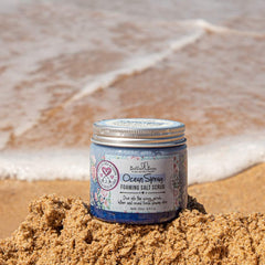 Bella and Bear Ocean Spray Scrub texture closeup reveals fine beads for gentle renewal