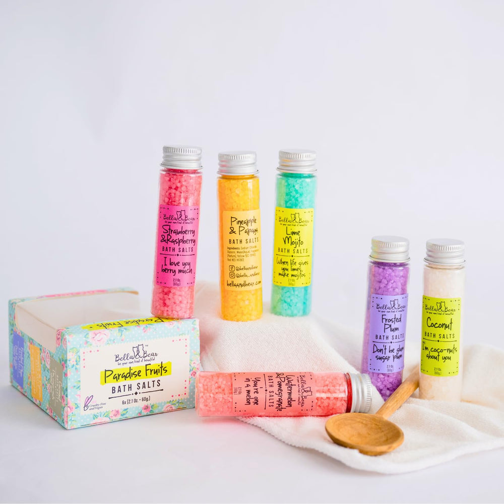 Bath tub setup with Paradise Fruits salts for a relaxing aromatic soak.