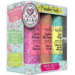 Bella & Bear Paradise Fruits bath salts pack shot with vibrant crystals for a fruity bath ritual.