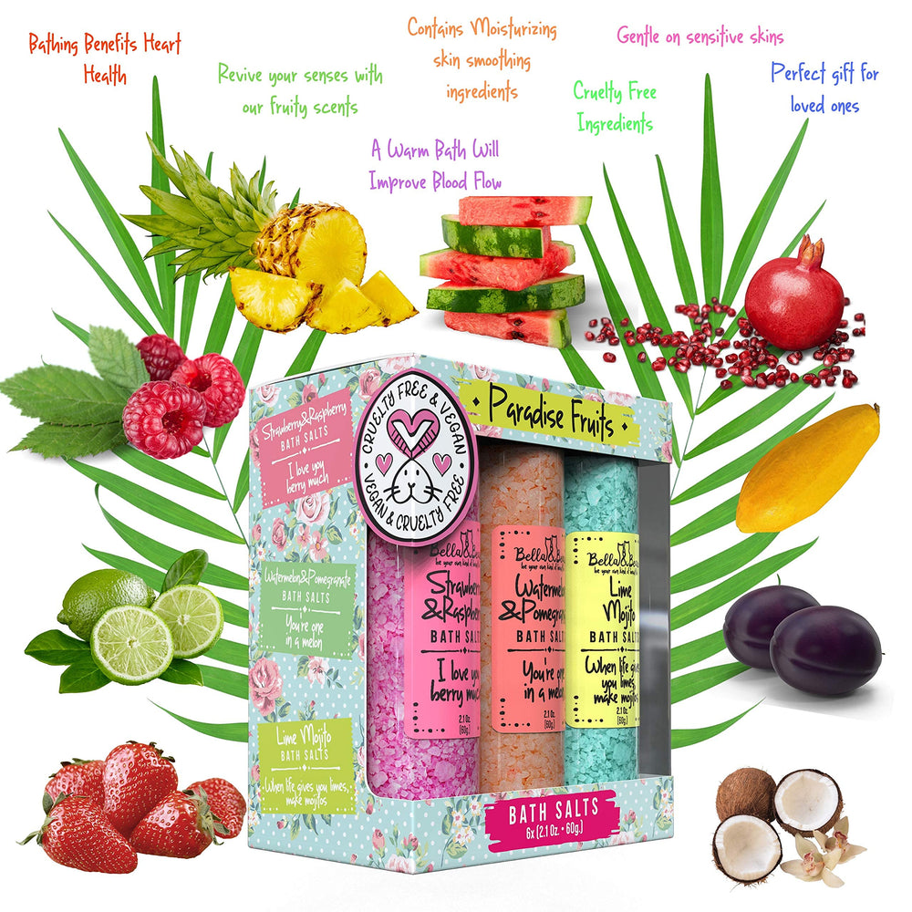 Gift-pack display of Bella & Bear Paradise Fruits bath salts, ready for gifting.