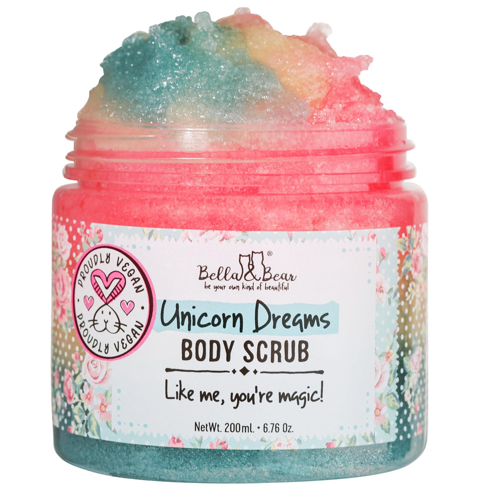 Bella & Bear Unicorn Dream Scrub bottle showing mango-pineapple-vanilla scent for a refreshing shower ritual