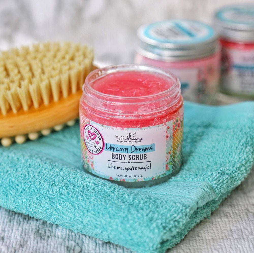 Close-up of Unicorn Dream Scrub texture highlighting natural exfoliants for smoother skin
