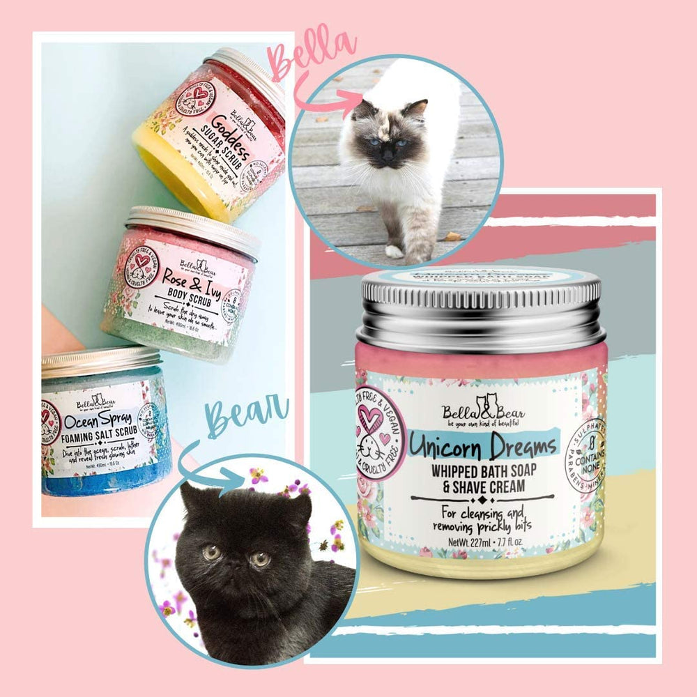 Bella & Bear Unicorn Dreams shaving-application helps prep skin for a smooth shave.