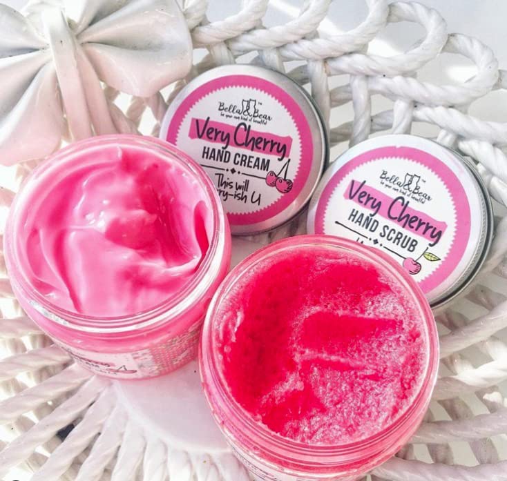 Bella & Bear Very Cherry Hand Scrub lathering to remove dry skin without harsh scrubbing