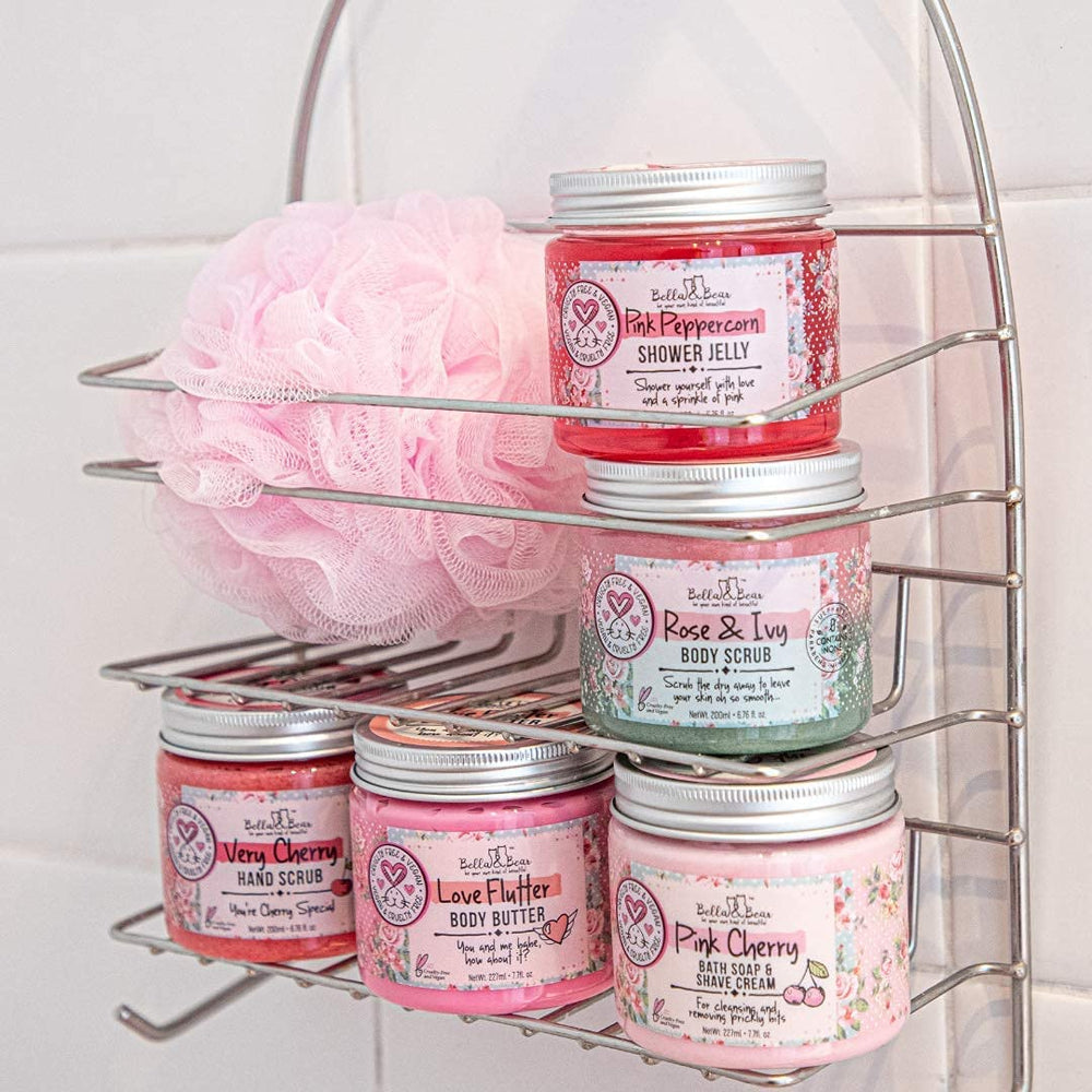 Bella & Bear Very Cherry Hand Scrub packaging highlights vegan and cruelty-free ethics