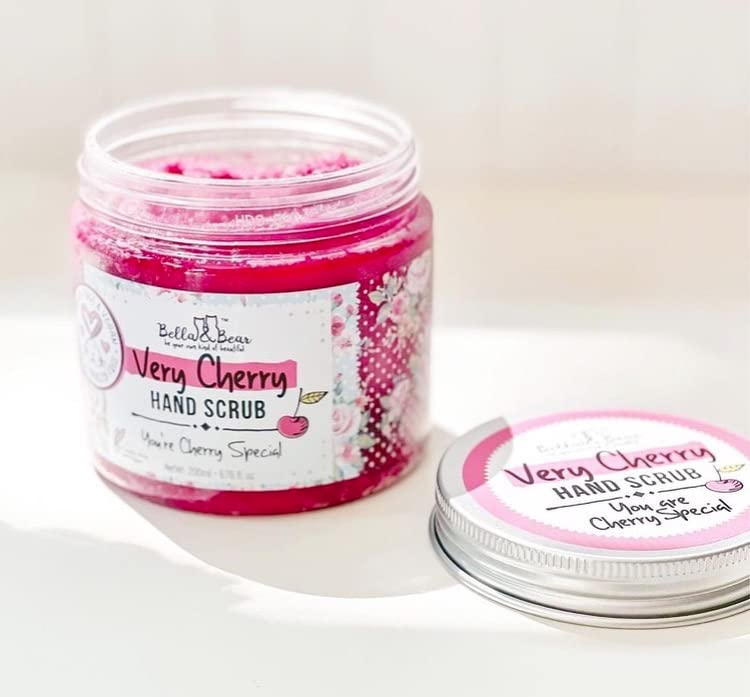 Bella & Bear Very Cherry Hand Scrub sugar grains promoting gentle polish on hands