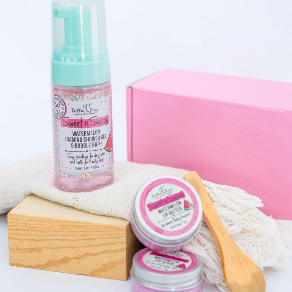 Bella & Bear watermelon foaming shower gel highlights a juicy scent during daily showers.