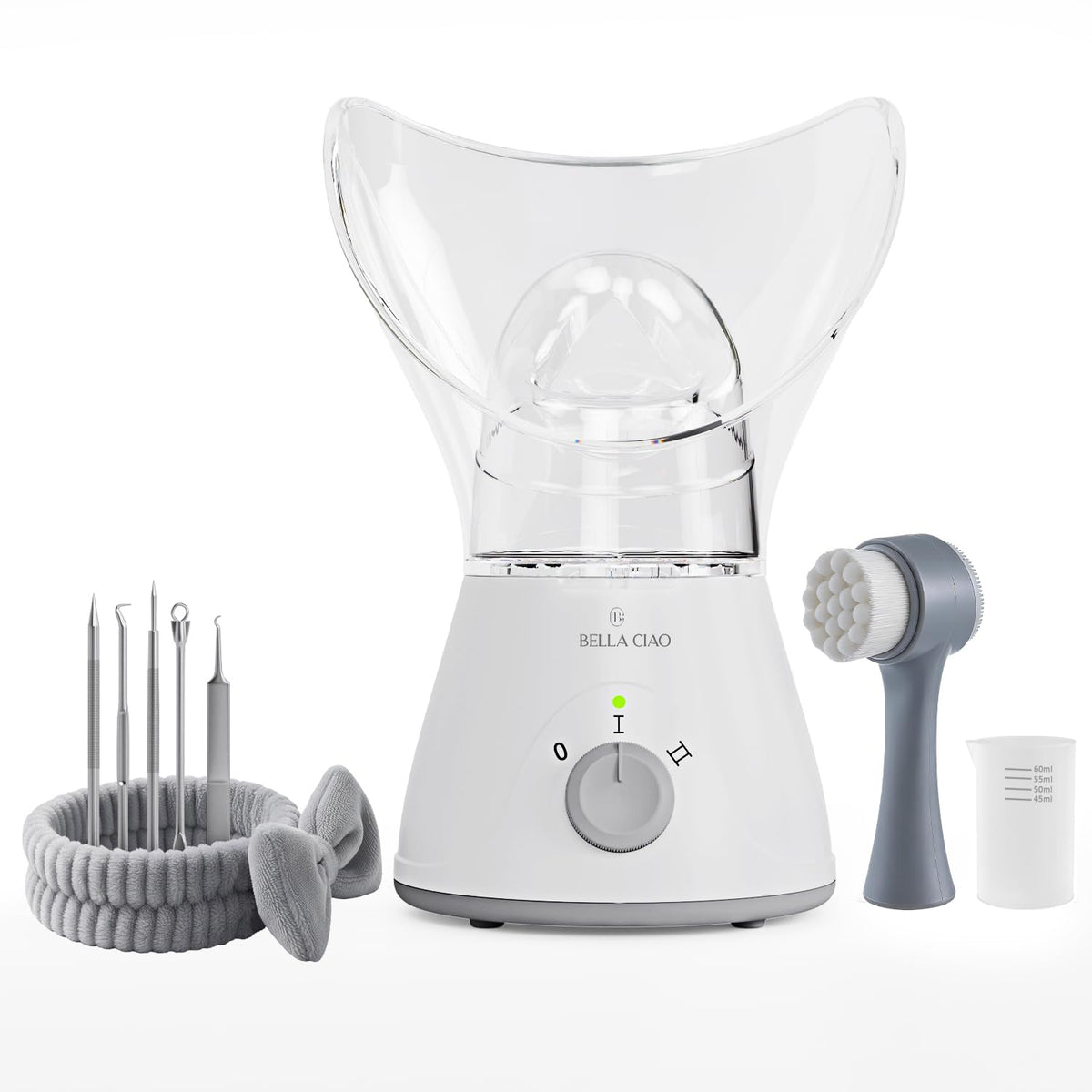 Bella Ciao 11-piece facial steamer set packaging shows a complete home spa kit for gentle cleansing.
