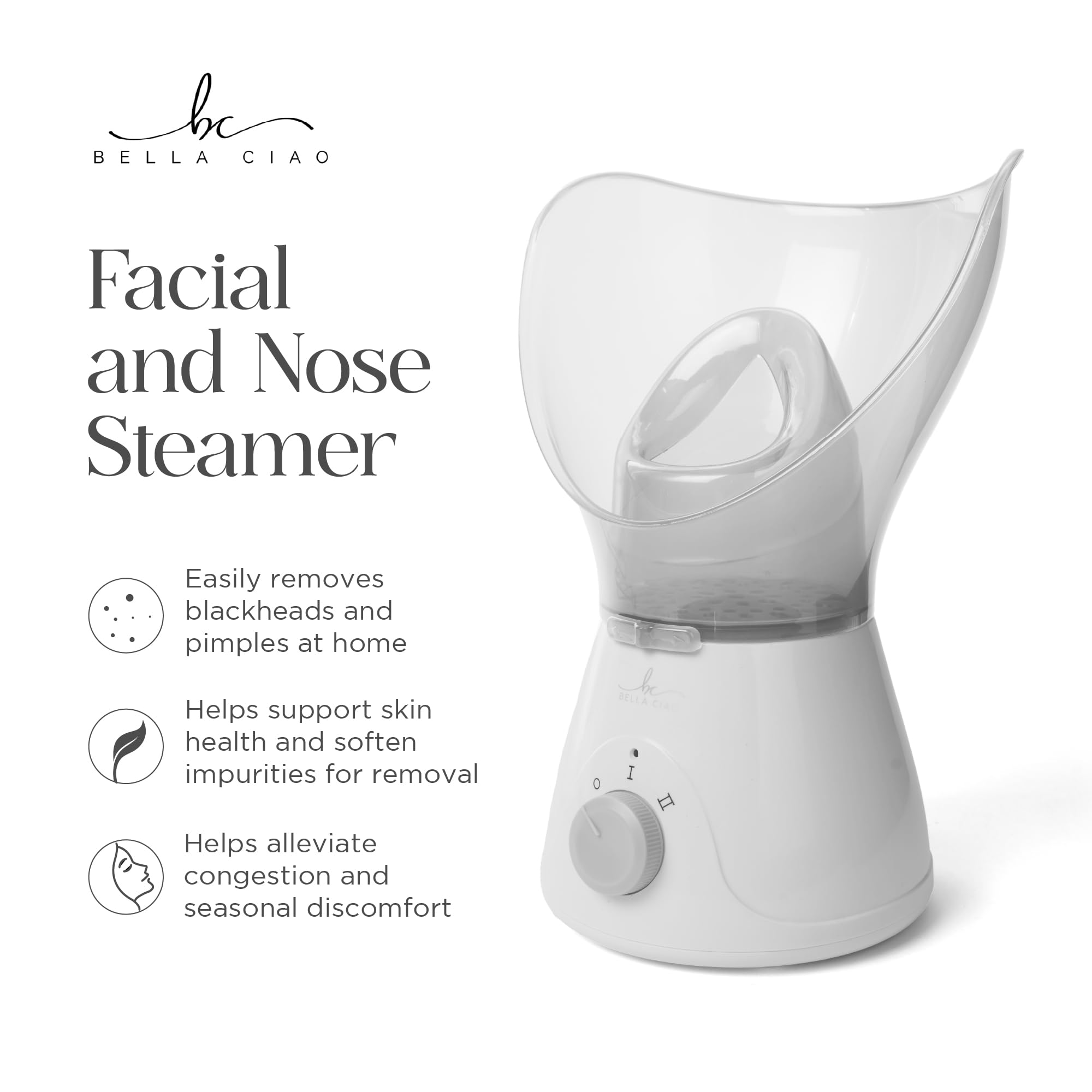 Bella Ciao face steamer on dresser with towel demonstrates ready-for-use hydration and relaxation.